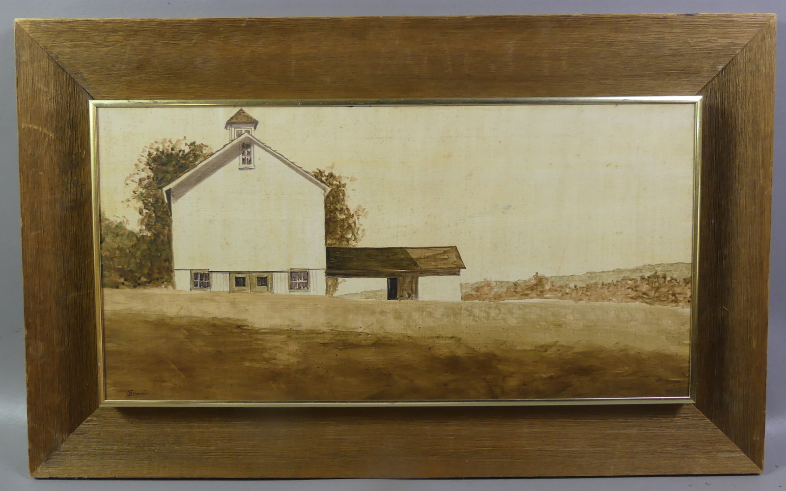 JAMES CROMARTIE PAINTING OF BARN: Oil painting on board of large barn with cupola signed James Cromartie, 12 x 24 in sight, 19 x 31 in overall. (Cromartie is a Nantucket artist b. 1944). Note: We can ship this in-house.
