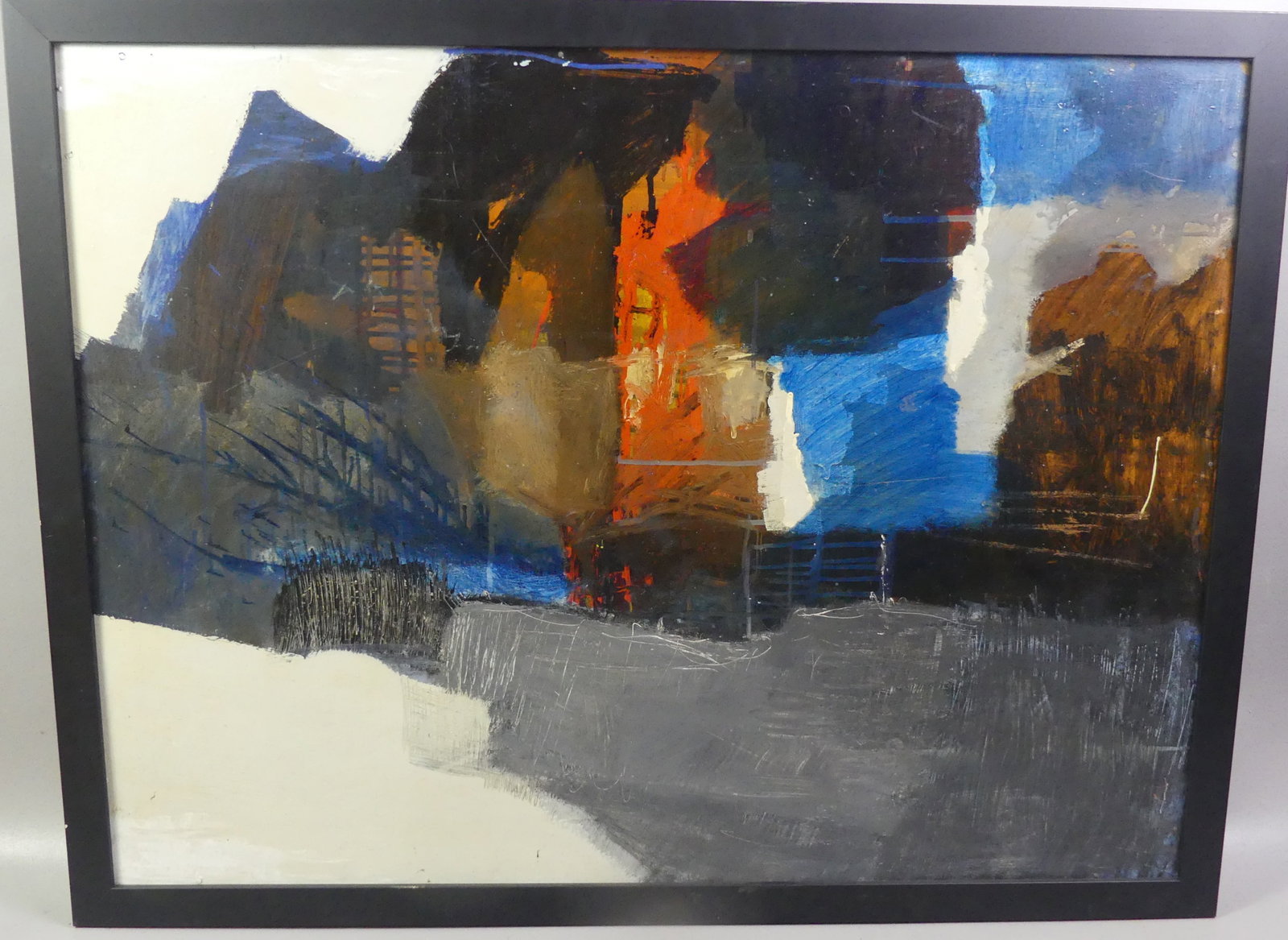 MID CENTURY ABSTRACT PAINTING: Oil painting on masonite with central column of fiery reds and oranges set against deep blacks, umber and slate gray, counter balanced by bold cobalt blue and cream passges. Surface is heavily worked 