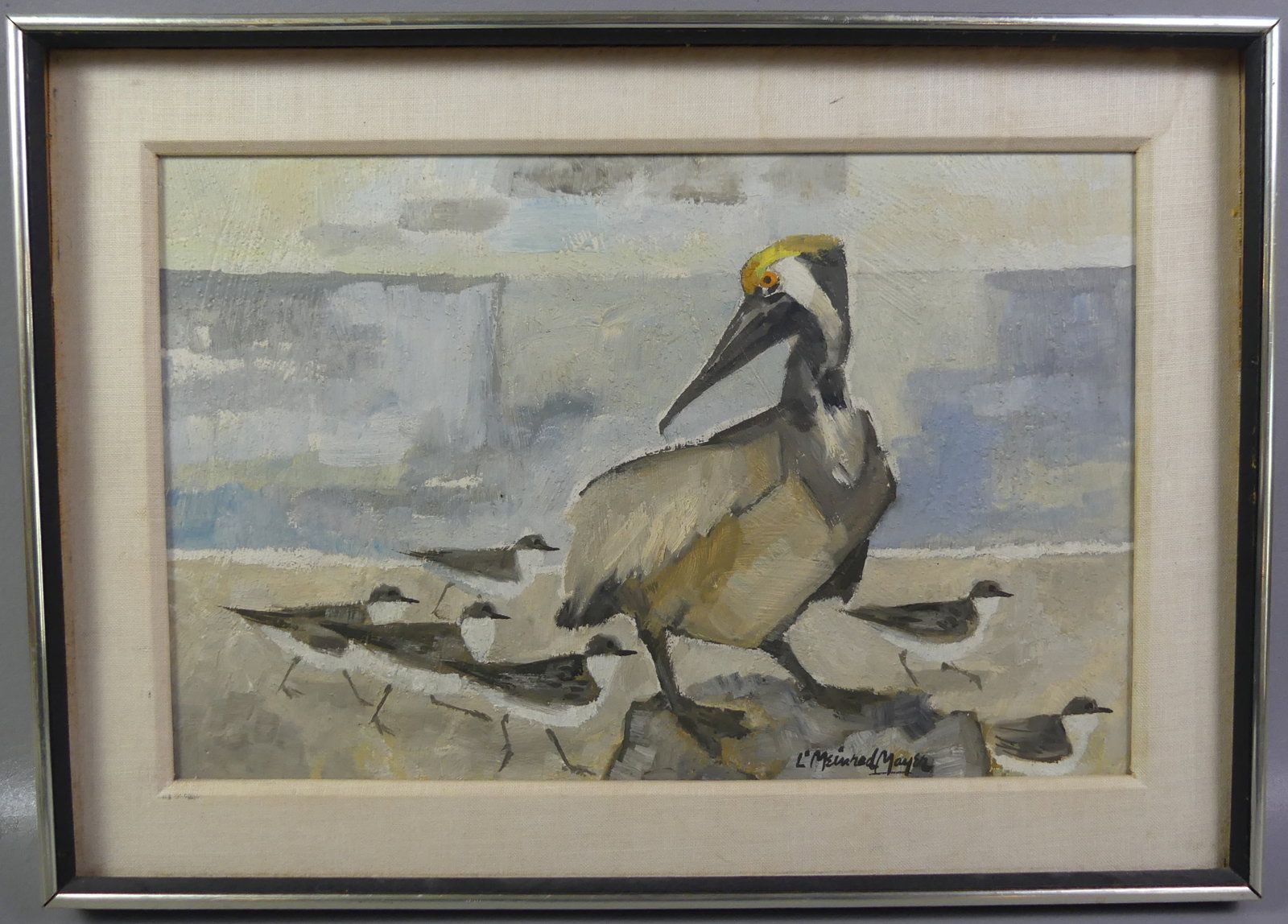 SHOREBIRD PAINTING BY L.M. MAYER: Oil painting on board titled Pelican and Sandpipers signed L. Meinrad Mayer (NY artist 1894-1991). 11 x 17.25 in, framed 15.5 x 21.75 in. Note: We can ship this in-house.