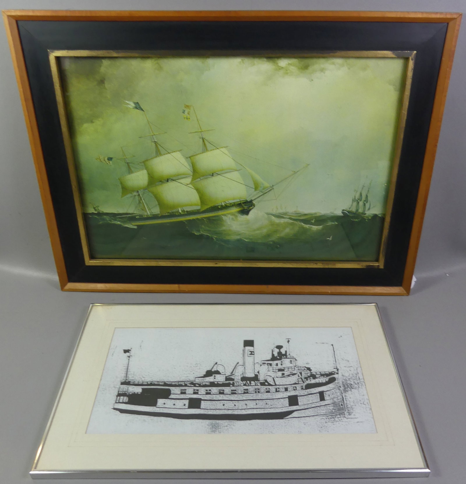 2 PRINTS: NOBSKA & SHIP: 2 nautical related prints: The Nantucket steamship NOBSKA by Alvin Hull, 17 x 28.5 in; and a lithograph The Roscoe by Samuel Walters, 26.5 x 36 inches. Note: We can ship this in-house.