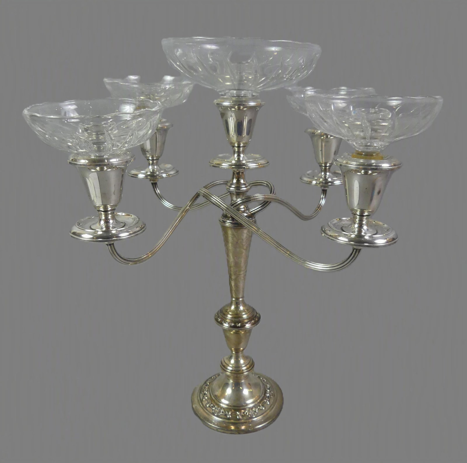 GORHAM STERLING & GLASS CANDELABRA: Old sterling silver (weighted) 5 light candelabra with large glass bobeche inserts signed Gorham #1130. 16 in tall by 11 wide. Good condition.