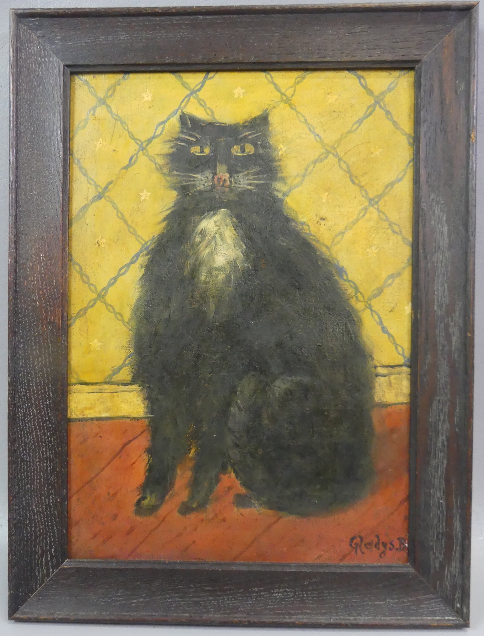 FOLK ART PAINTING OF CAT - GLADYS B.: Old folk art oil painting on canvas of a seated black cat, on London canvas. Signed Gladys B. Size: 14 x 10 in, framed 16 x 12 in.