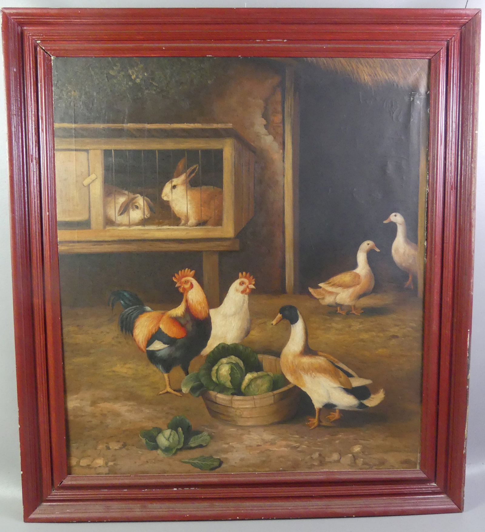 LARGE BARNYARD OIL PAINTING: Large vintage oil painting on canvas depicting a barnyard with rabbits, chickens, ducks, etc. Unsigned, 36 x 29 in, framed 40 x 33 in. Has 12 in straight tear on edge of canvas along frame.