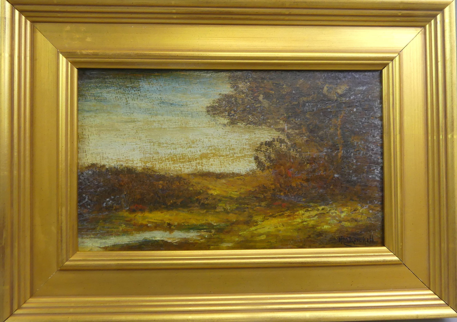 H.M. KITCHELL LANDSCAPE PAINTING: Antique tonalist landscape oil painting on wood panel signed H.M. Kitchell. 6 x 10 inches, framed 12 x 16. (Hudson Mindell Kitchell 1862-1944 - New Jersey, New York, Rhode Island landscape artist)