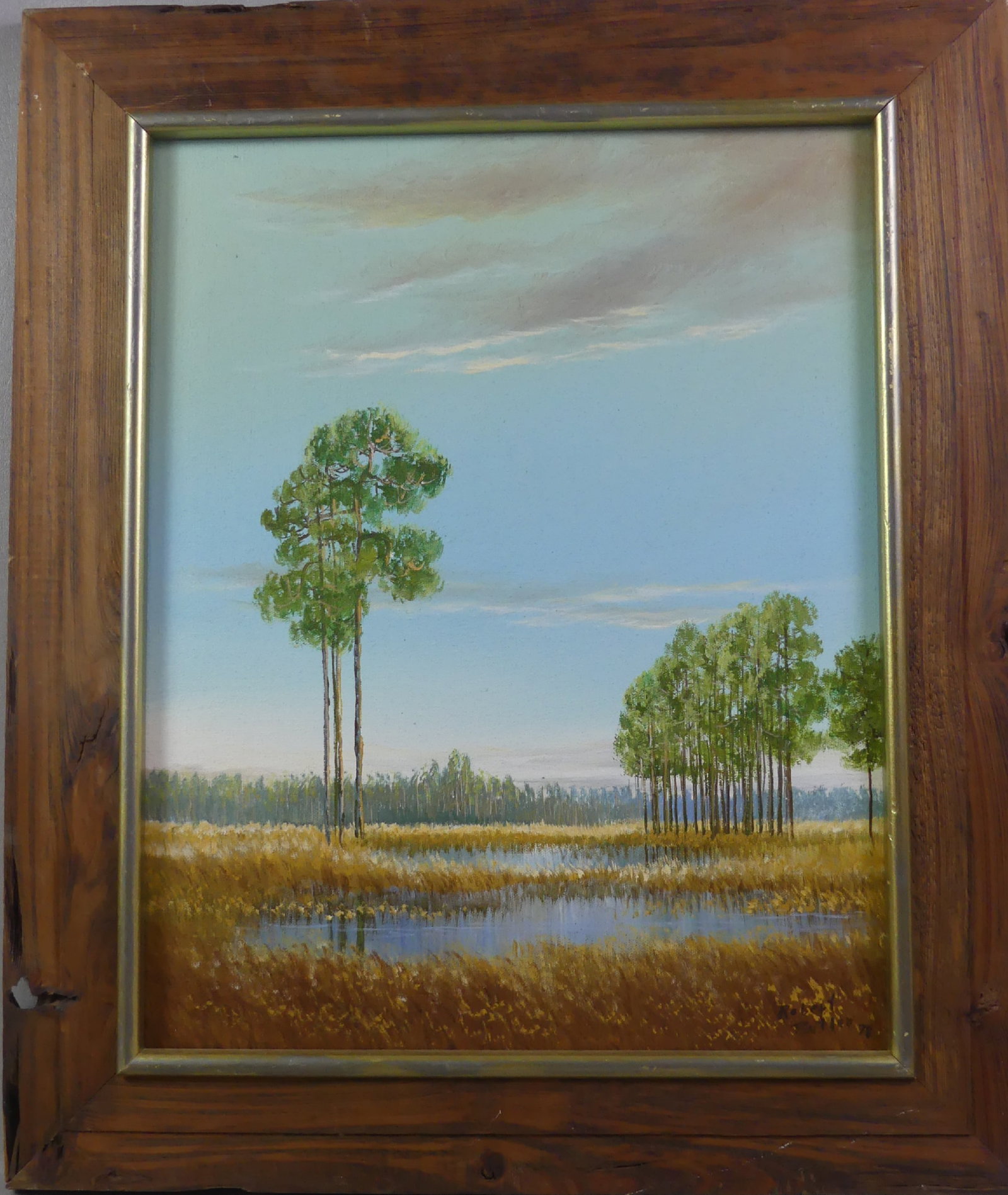 ROBERT BUTLER - FLORIDA HIGHWAYMEN PAINTING: Oil on canvas landscape painting of a Florida scene with tall trees in a marshland. Signed Robert Butler '78 (one of the famous group of 26 African American Highwaymen artists who painted Florida