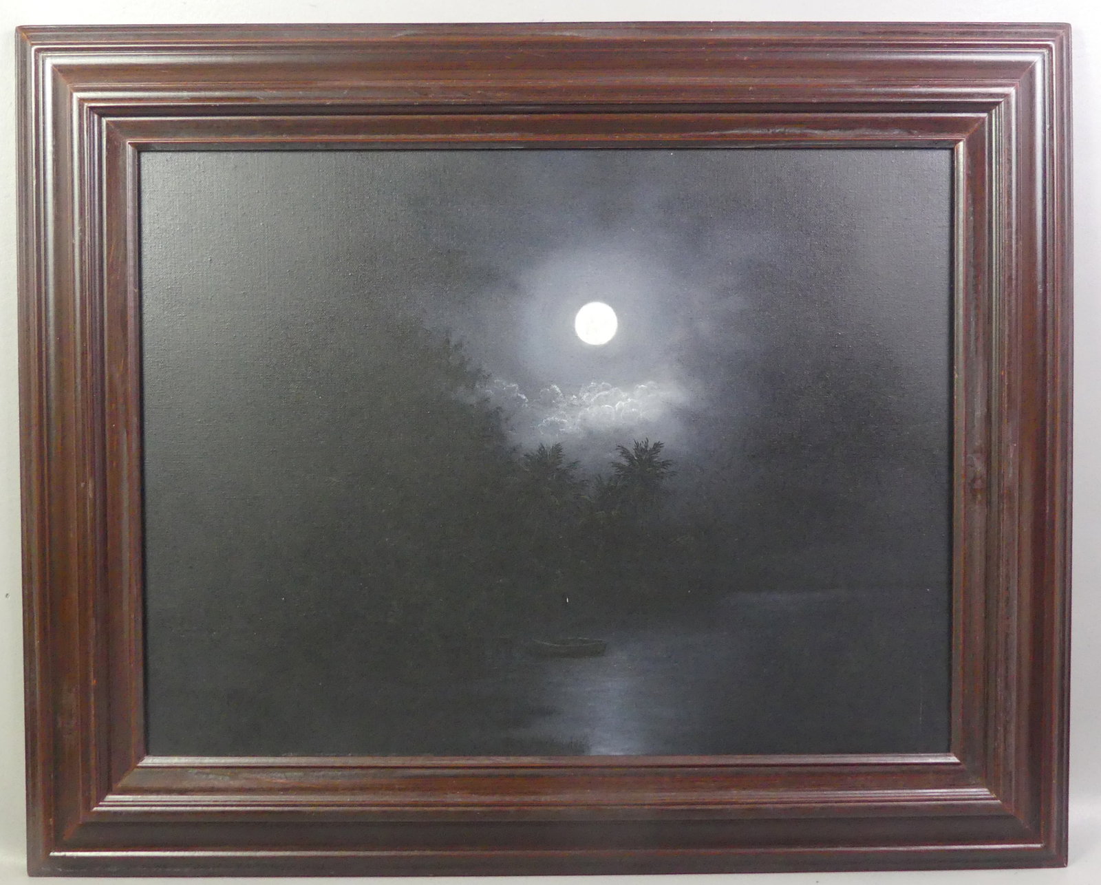 ROBERT BUTLER PAINTING - FLORIDA MOONLIGHT: Old oil painting on canvas by Robert Butler (unsigned) depicting a dark nocturnal scene with moonlit pond and rowboat. 18 x 24 in, framed 31.5 x 25.5 in. (Robert Butler was a member of the famous