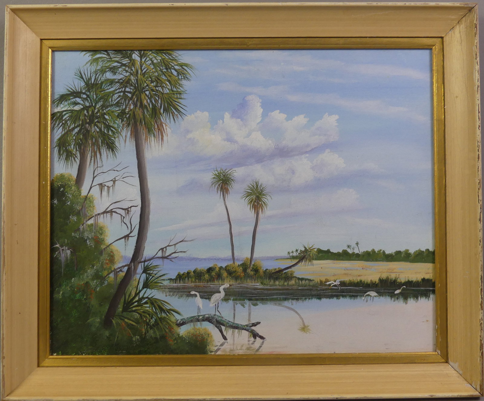 ROBERT BUTLER PAINTING - FLORIDA SCENE: Old oil painting on canvas of a Florida landscape with cranes and ocean inlet. Unsigned by Robert Butler (one of the famous Highwaymen, a group of 26 African-American artists who painted Florida