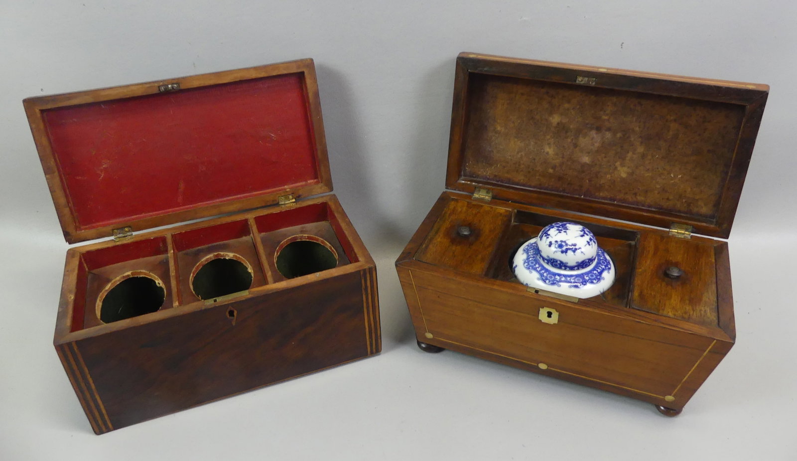 2 ANTIQUE TEA CADDY BOXES: Lot of 2 antique triple compartment tea caddy boxes: rosewood with abalone inlaid dots having Chinese blue and white urn in center flanked by lidded compartments, 11.5 x 6.5 inches (English ca 1850);