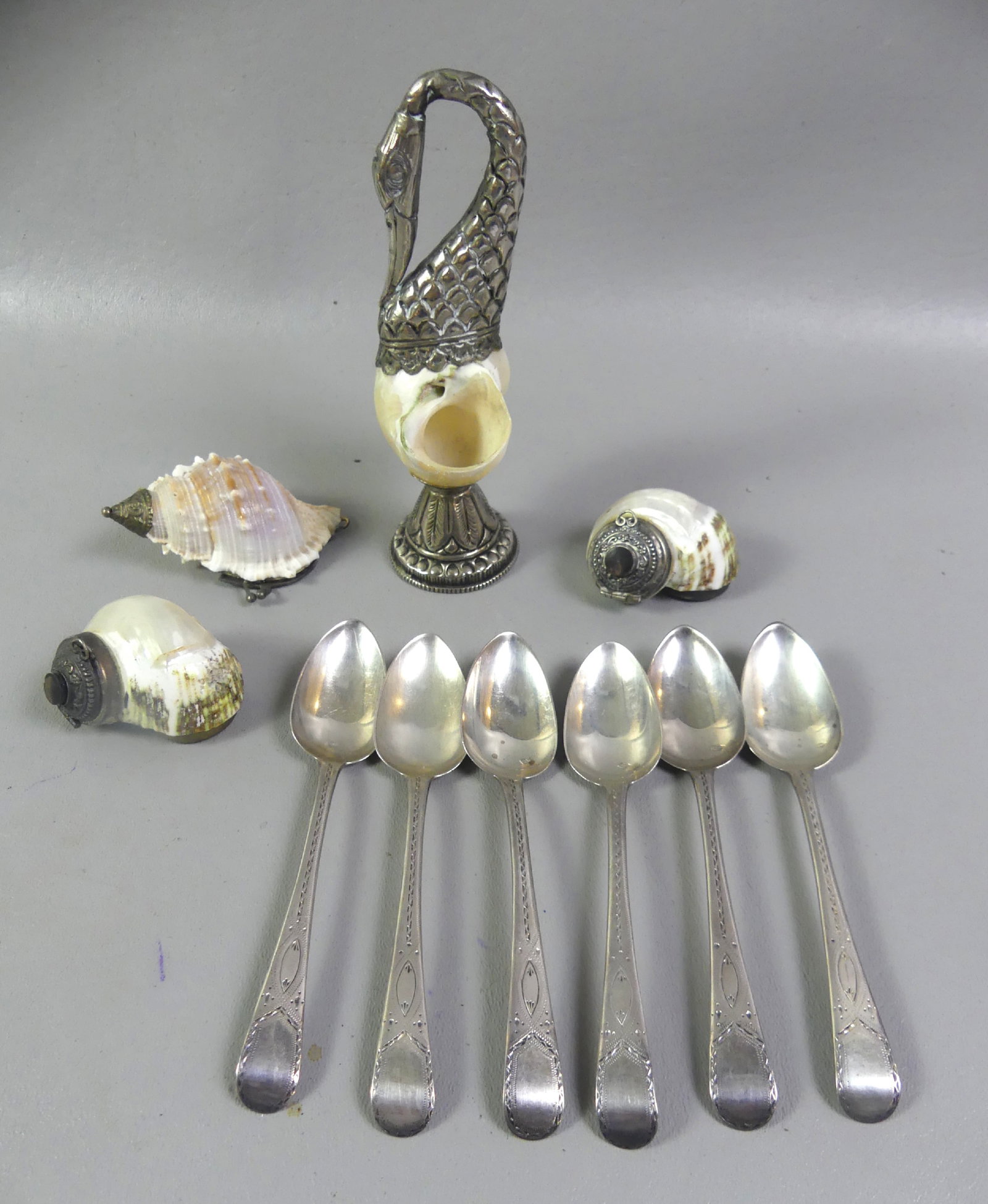 SILVER LOT: SHELL TRINKET BOXES & SPOONS (1 of 2)