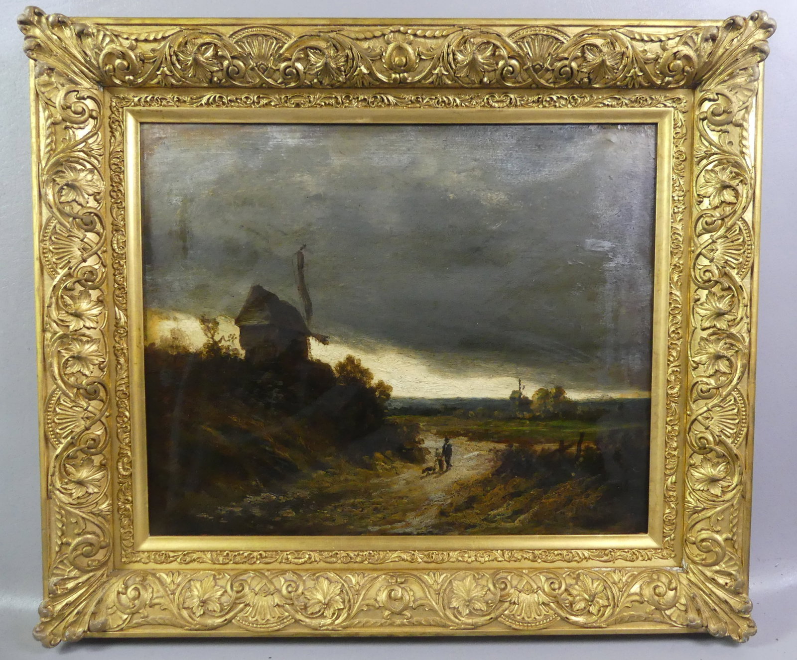 ATTR. E.M. BANNISTER OIL PAINTING: Antique oil landscape painting on board of 2 figures and dog at dusk with two windmills in distance. Unsigned, attr. To Edward M. Bannister (1828-1901 MA/RI artist). 16 x 19.5 in, framed 22.5 x 26