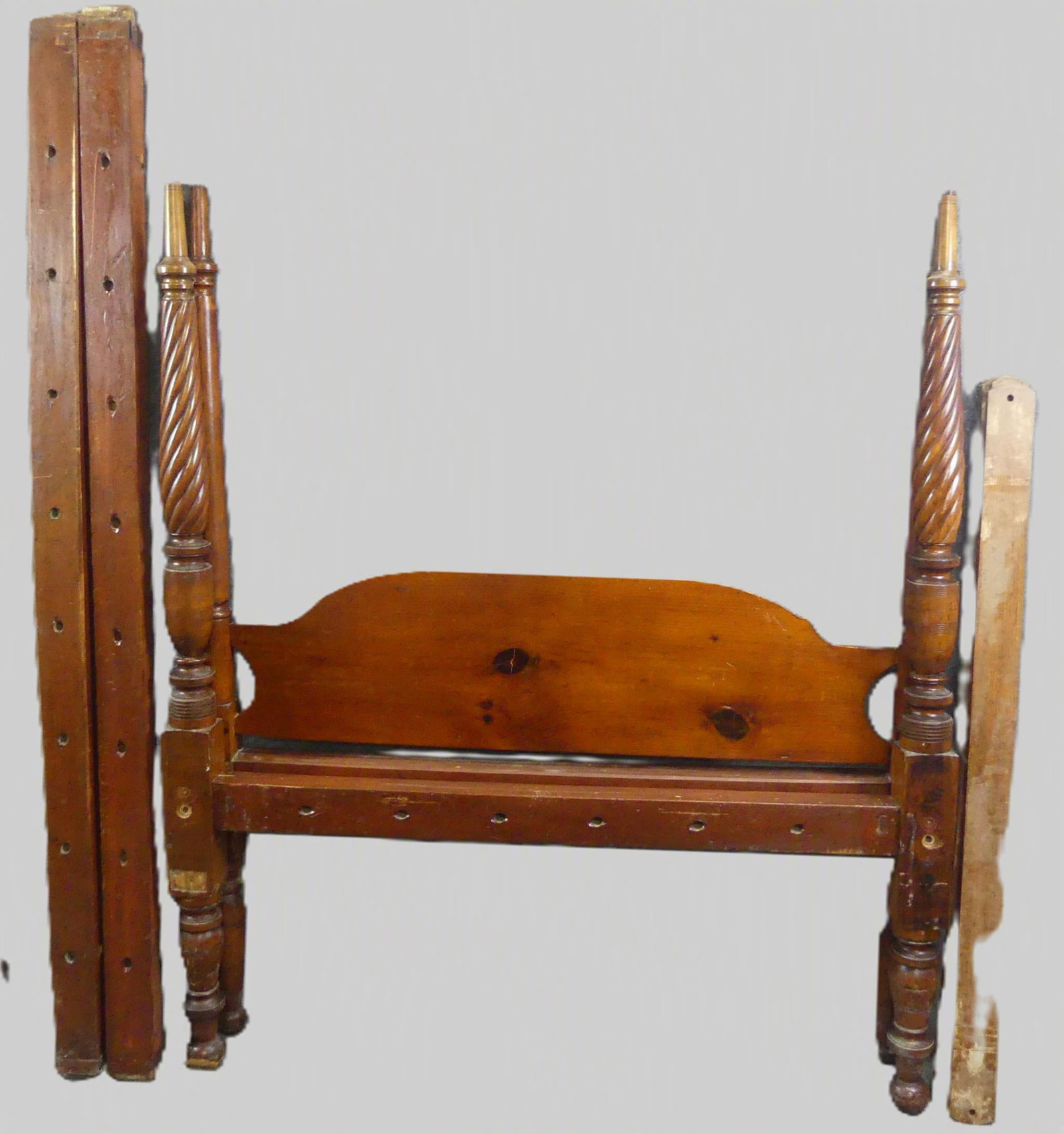 PERIOD 4 POST PINE BED: Circa 1800 carved pine 4 post double bed with rope-twist posts, original side rails, slats and hardware. 64 in high x 55 w x 76 in long (rails).