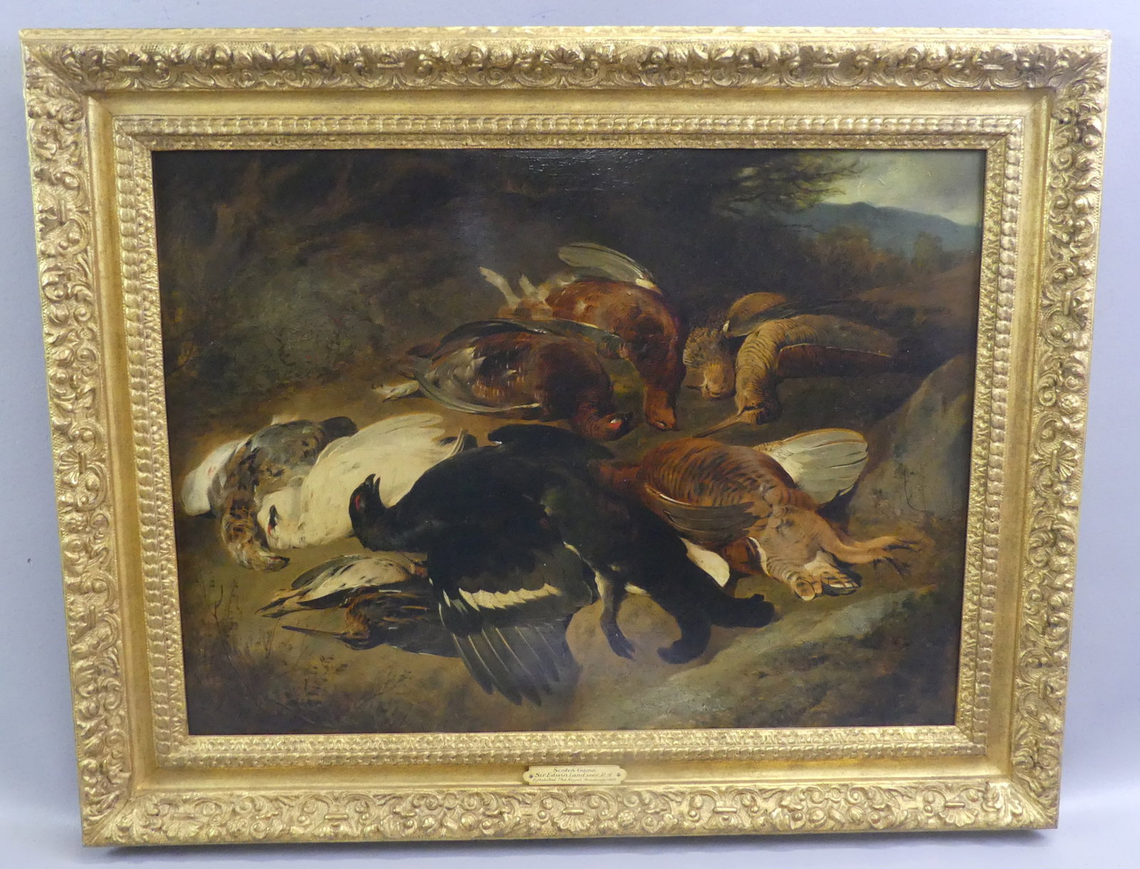 EDWIN LANDSEER RA - SCOTCH GAME: 19th century oil on wood panel depicting a group of dead game birds. Unsigned, by English artist Edwin Landseer. Has plaque titled SCOTCH GAME - SIR EDWIN LANDSEER - EXHIBITED ROYAL ACADEMY 1889. 18 x