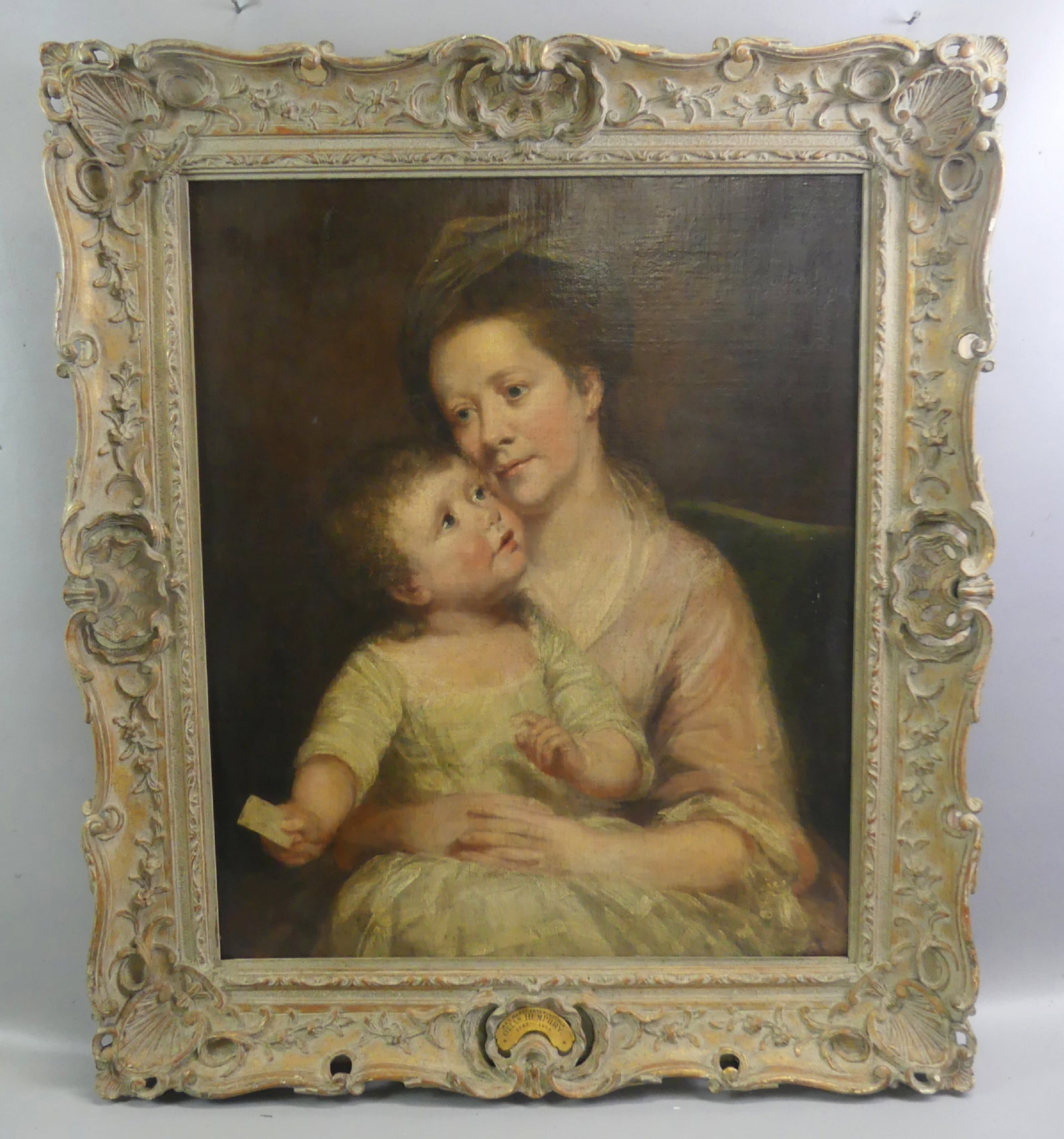 OIL PORTRAIT MOTHER & CHILD BY OZIAS HUMPHRY: Fine late 18th century oil painting on canvas, Portrait of Mrs. Mary Carter and Child by Ozias Humphry. Unsigned with artist plaque and his dates 1742-1810. Size: 30 x 25 in, framed 38 x 32. Together 