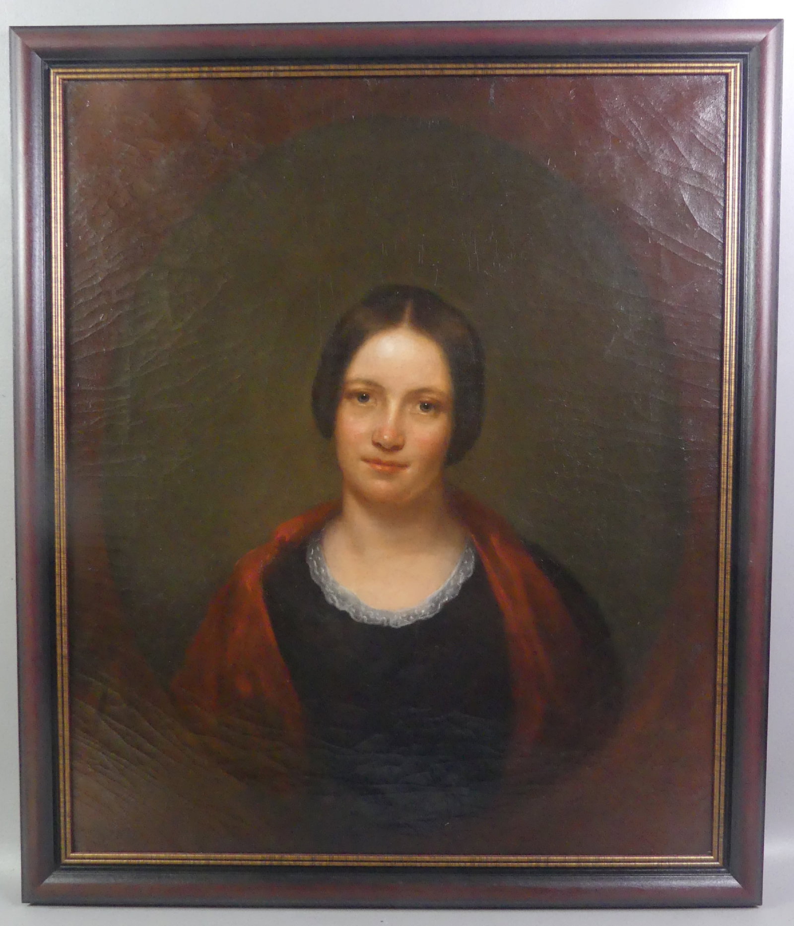 BOSTON SCHOOL PORTRAIT OF LADY: Circa 1880 Boston School oil portrait on canvas of a woman in red shawl. Back of canvas stamped PARED/LMONT/BOSTON. 30 x 25 in, framed 34 x 29 in. Comes with 2009 appraisal from Child's Gallery in