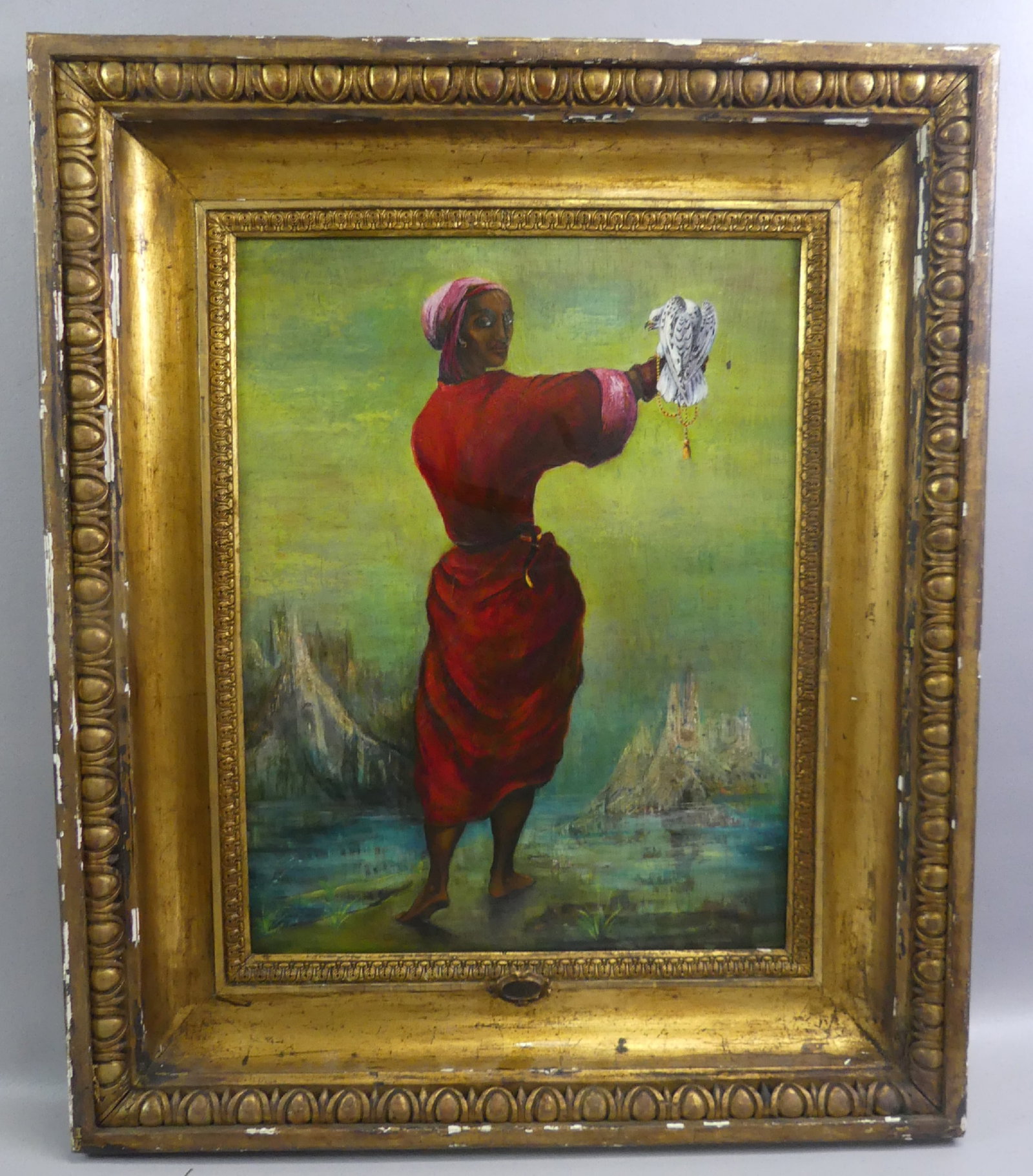 CHARLES SOREL PAINTING - LADY FALCONER: Old oil painting on wood panel of a black woman in red robe holding a falcon. Titled verso THE FALCONER signed Charles Sorel 1956. 23 x 17.5 in, framed 31 x 26 in. (Sorel was a 20th century Italian/Am