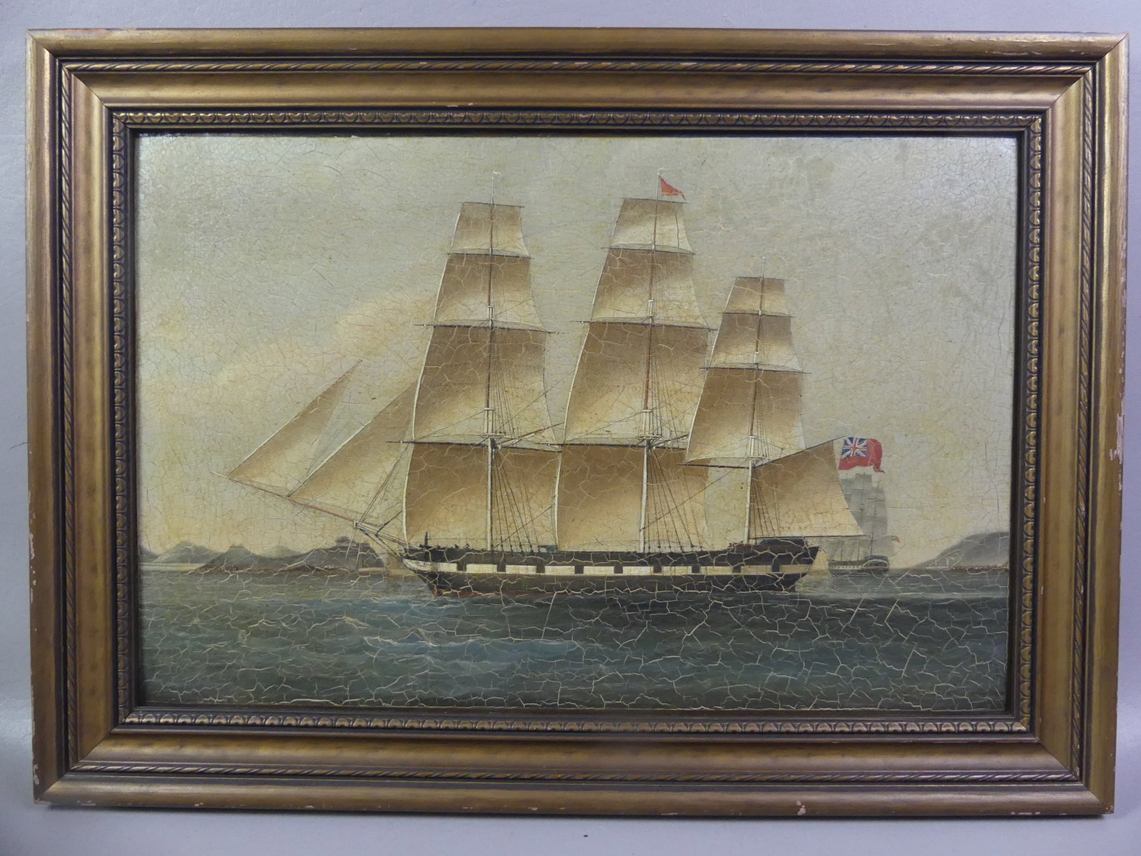 1826 ROBERT SALMON SHIP PAINTING: Unsigned 19th century oil painting on board, portrait of the PACKET SHIP TUSCARORA. Has old labels verso with artist name R. SALOMON (this is the artist's birth name & correct spelling). Also has