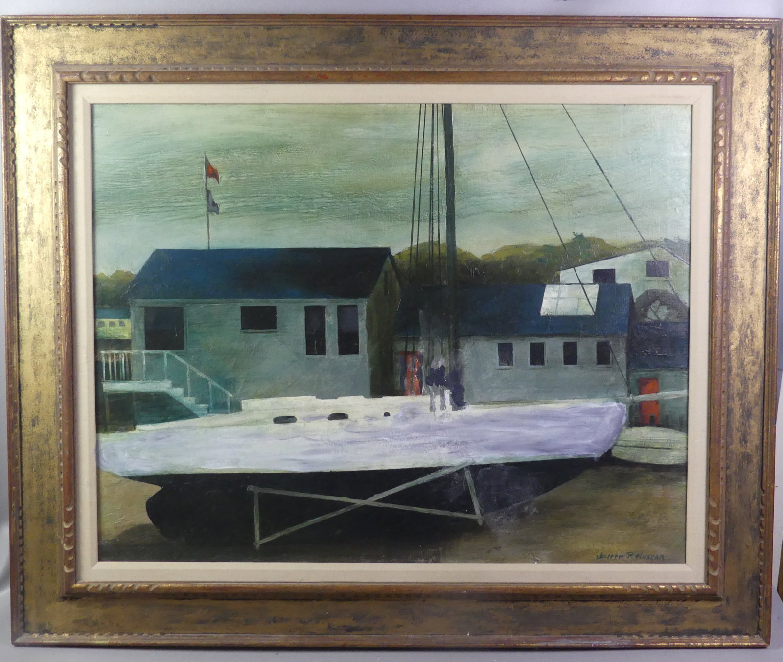 JOSEPH P. HUSSAR PAINTING OF SLOOP: Large oil painting on canvas of a boat on shore at marina (possibly Provincetown), signed Joseph P. Hussar. Back is titled No. 333 SLOOP. 28 x 36 in, framed 38 x 46 in. Has some touch-up at bottom of