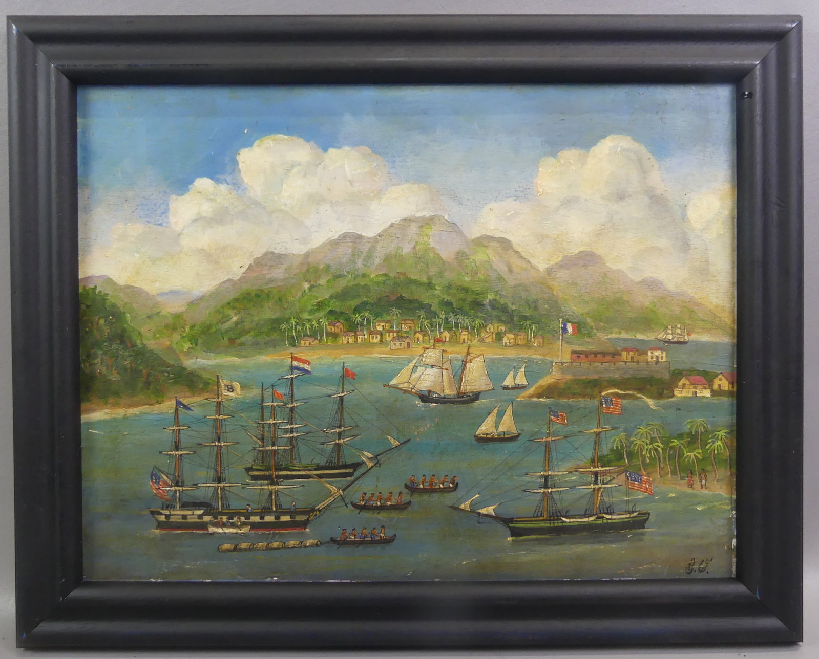 HARBOR SCENE PAINTING - SHIPS IN THE TROPICS: Oil painting on wood panel depicting several ships and natives in boats in a tropical harbor, identified on back --Escorting Empty Casks Ashore to Take on Fresh Water --painted by Benjamin Worthy,