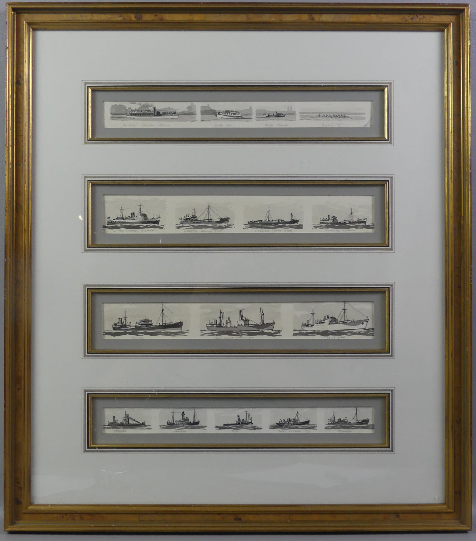 INK WASH - NAUTICAL STUDIES OF BOATS: Nicely framed group of various boats (15 total), nautical studies in black ink, done as illustration for a 1952 London newspaper. Unsigned. Each panel is about 3 in x 14.5 in, overall 25.5 x 22.5 in.