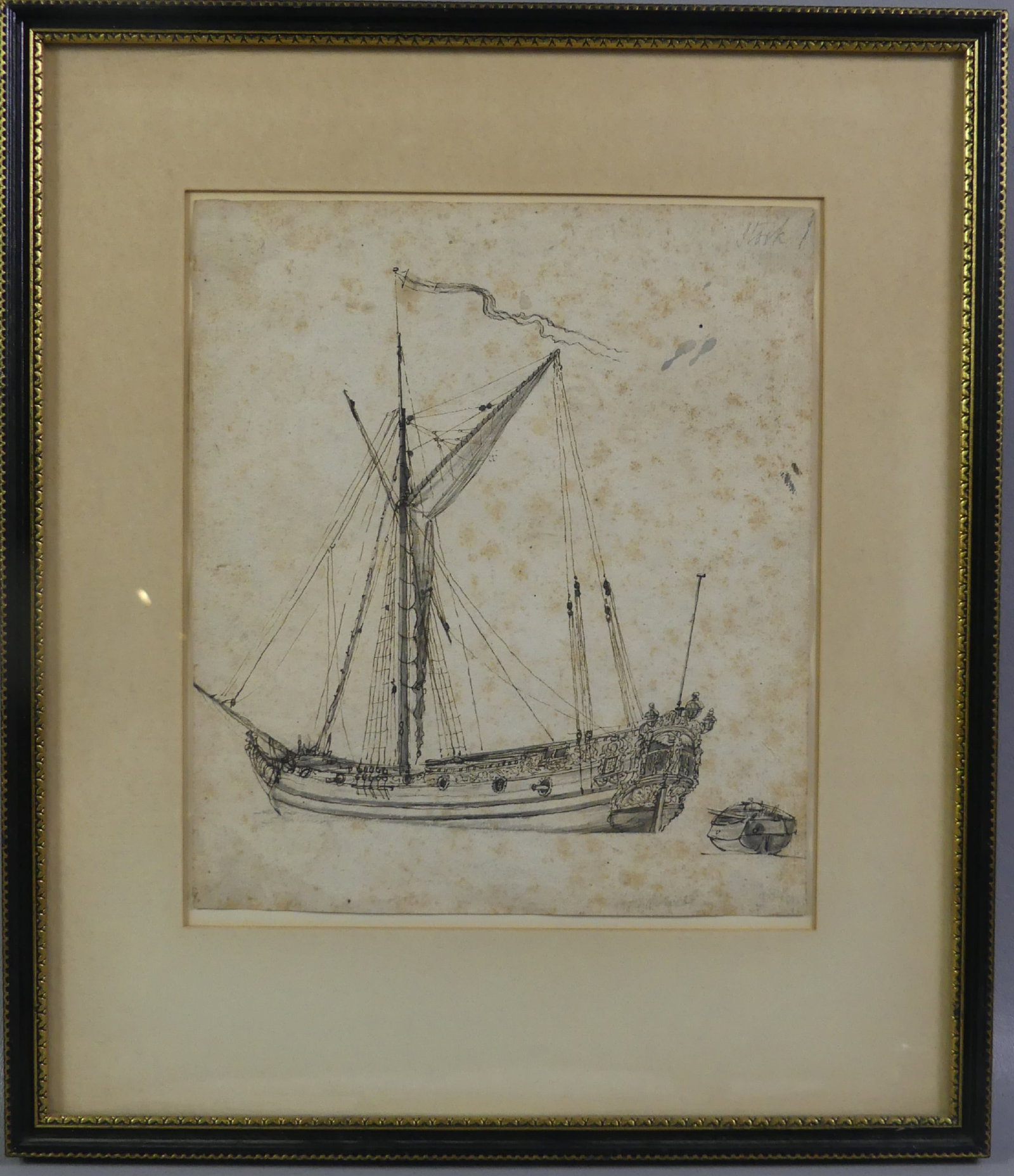 ABRAHAM STORCK INK DRAWING - SHIP C. 1680: Circa 1680 ink drawing of an English or Dutch royal yacht, attributed to Dutch artist Abraham Storck (1635-1710). Information verso. 9 x 8 inches, framed 14.5 x 12.5 in.
