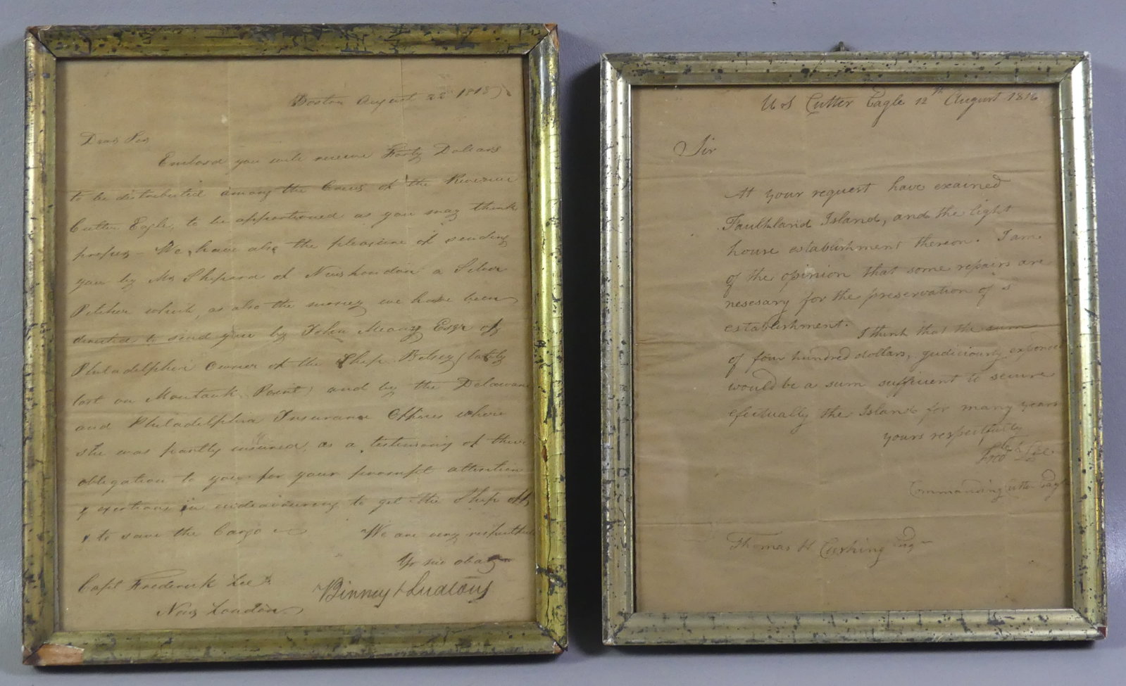 TWO 1818 LETTERS BOSTON SHIP EAGLE: Lot of 2 early 19th century letters regarding the revenue cutter EAGLE from Boston commanded by Captain Lee. One dated 1816, other 1818. They speak of a $40 reward to the crew of the ship and a
