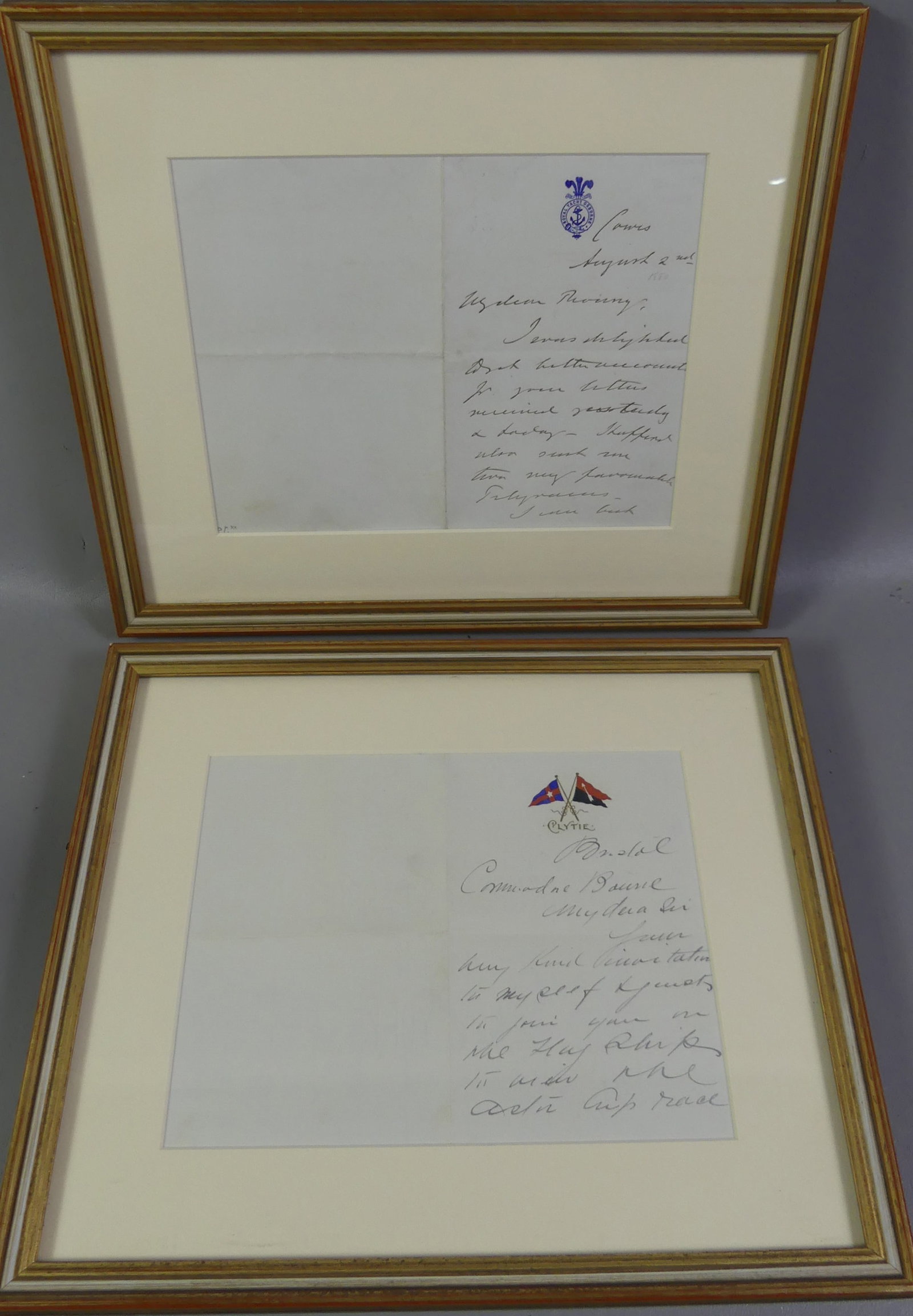 2 SIGNED LETTERS - KING EDWARD VII & H. WARD: Lot of 2 framed letters written aboard yachts: One written on the Royal Yacht Osborne letterhead and signed by Albert Edward (King Edward VII) dated 1880(?) and 11 x 13 overall; the second letter