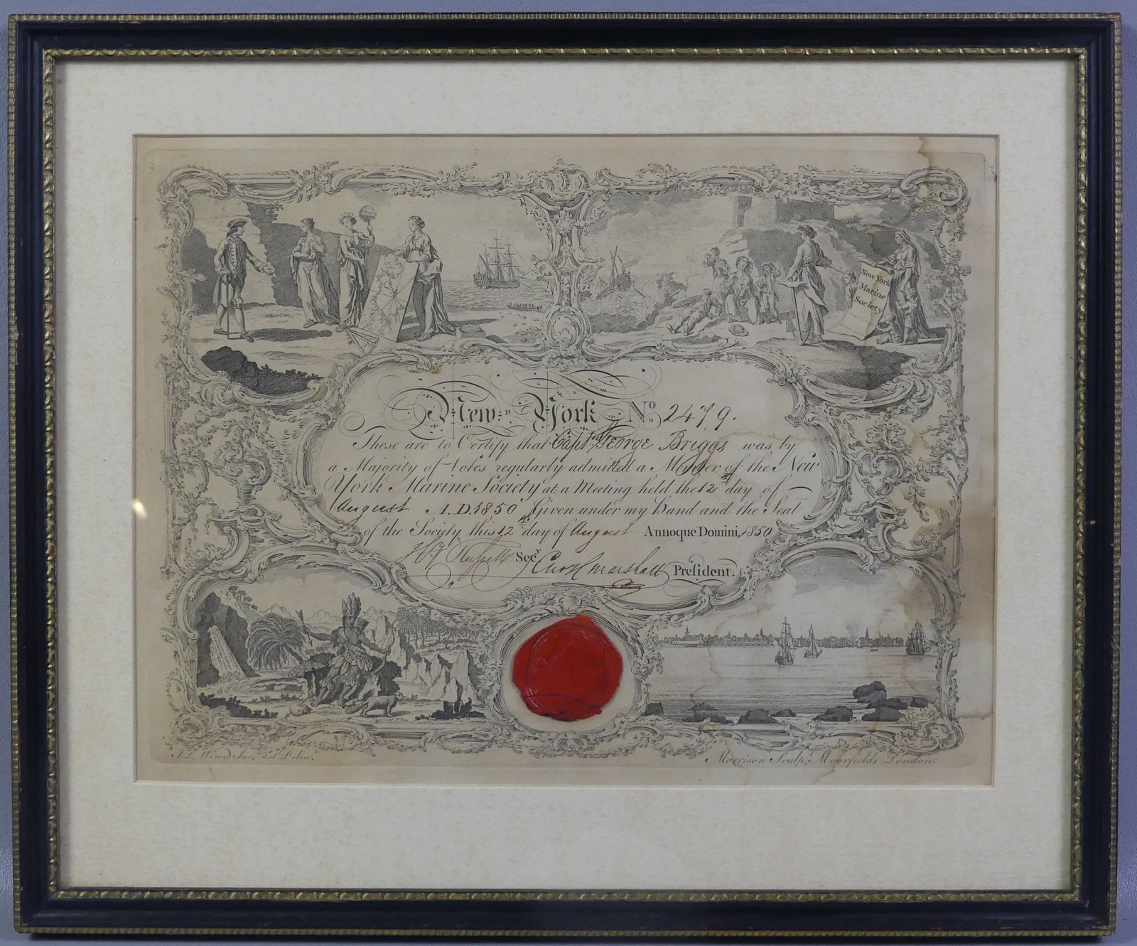 NY MARINE SOCIETY 1850 CERTIFICATE (1 of 3)