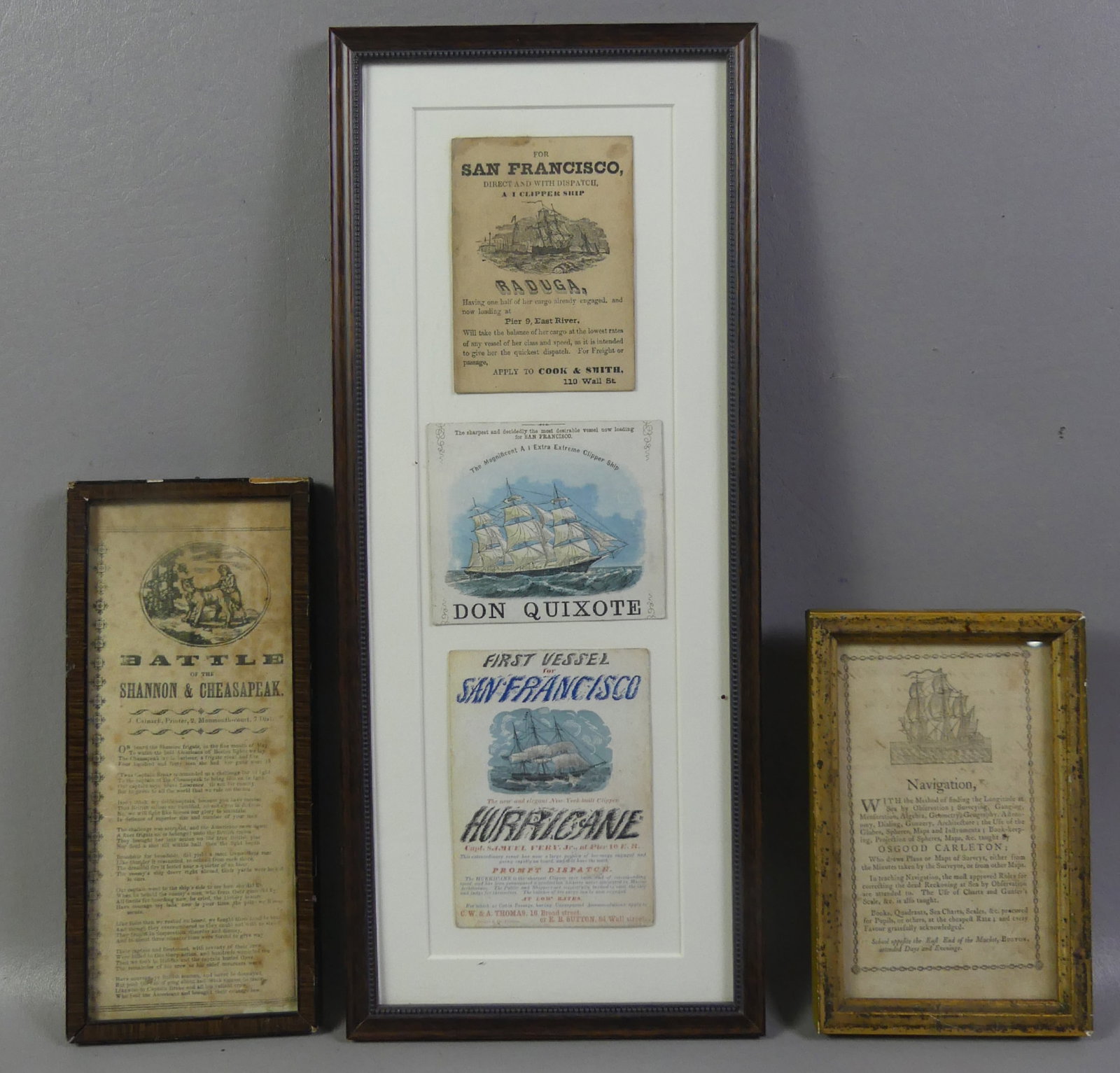 3 FRAMED NAUTICAL RELATED ITEMS: Lot 3 framed nautical related items: Circa 1790 ad broadside from Boston for navigation school run by Osgood Carleton with ship vignette, 7.5 x 4.5 in; Small early poem regarding the battle of the