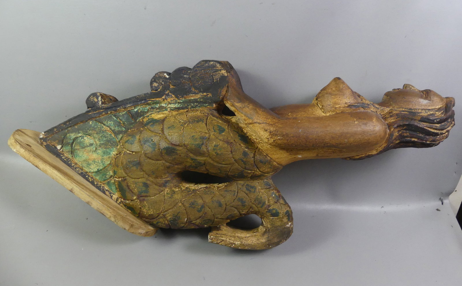 VINTAGE SHIP'S MERMAID FIGUREHEAD: Vintage carved and painted wood ship's figurehead of a mermaid. 40 in high x 18 w x 10 deep.