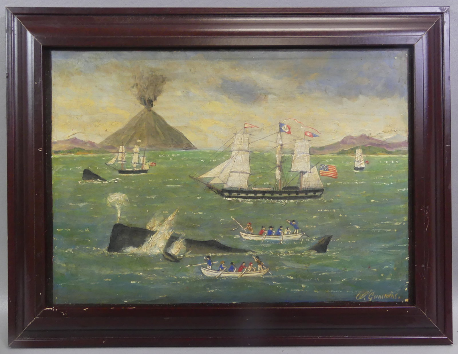 OIL PAINTING OF WHALING SCENE - BANDA ISLES: Oil seascape painting on Victorian portfolio board titled verso --Chasing Whales Off The Banda Islands 1846. Signed indistinctly in lower right W. G---. 12 x 17 in, framed 16 x 21. Good condition.
