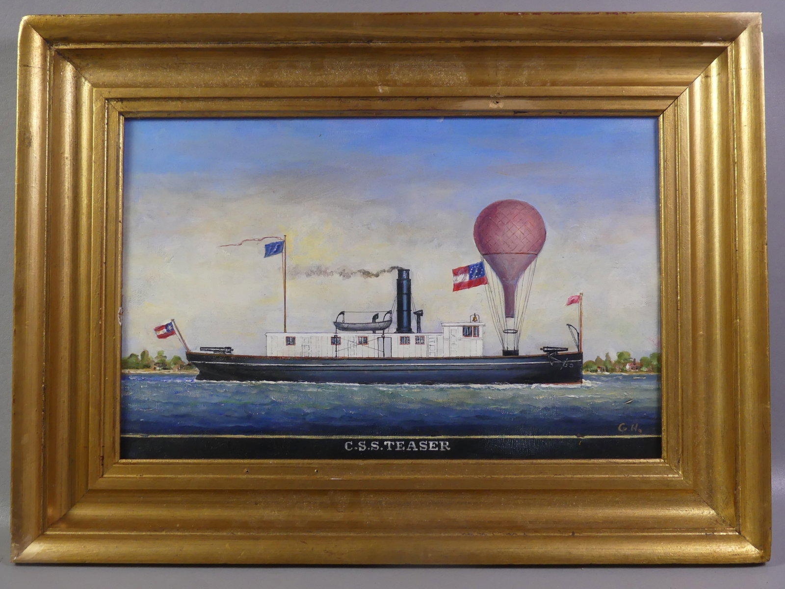 CONFEDERATE SHIP USS TEASER PAINTING: 20th century oil painting on board, profile of the Confederate ship USS TEASER with air balloon on board, initialed GH. Titled verso --USS Teaser, Battle of Hampton Roads, March 8-9 1862. 11 x 18 in, 