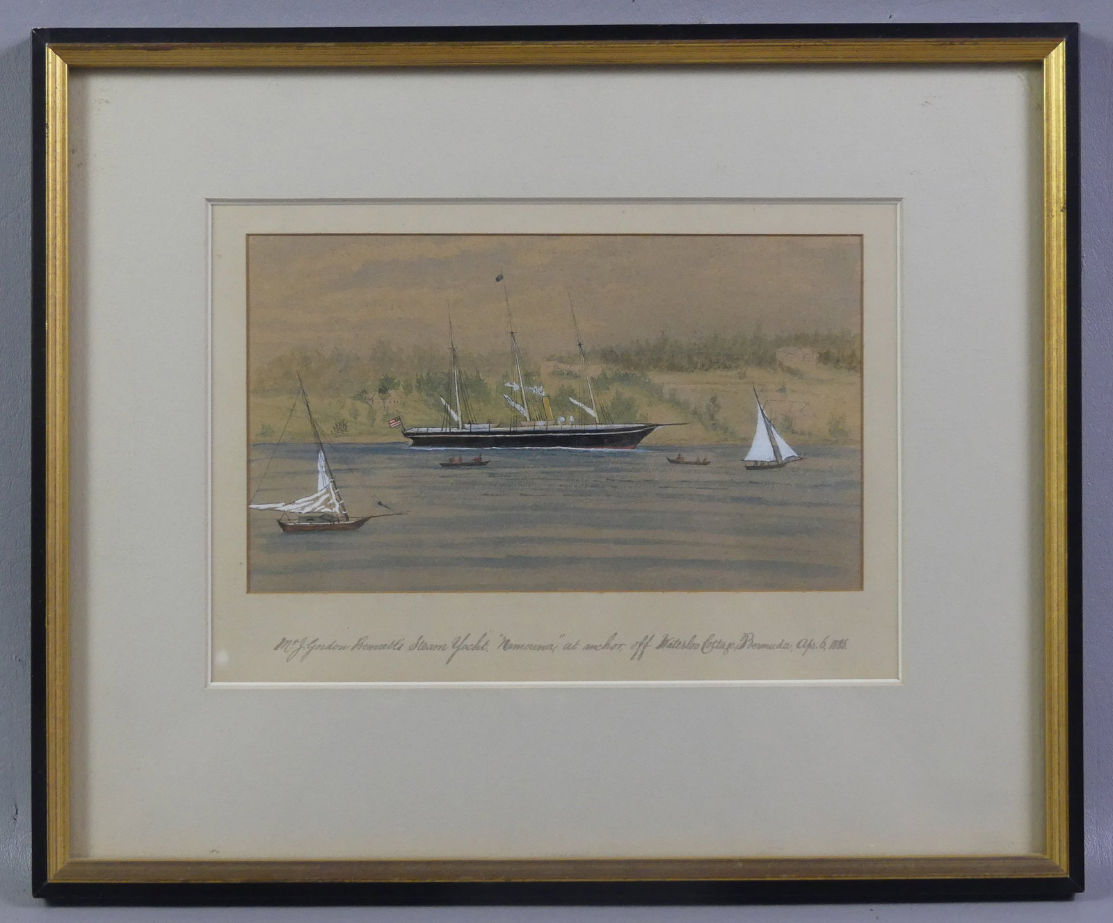 WATERCOLOR OF STEAM YACHT IN BERMUDA: Unsigned marine watercolor painting titled on front --J. Gordon Bennett's steam yacht NAMOUNA at anchor off Waterloo Cottage Bermuda, April 6, 1885. Sight size 6 x 9 in, framed 11.5 x 14 in. NOTE: