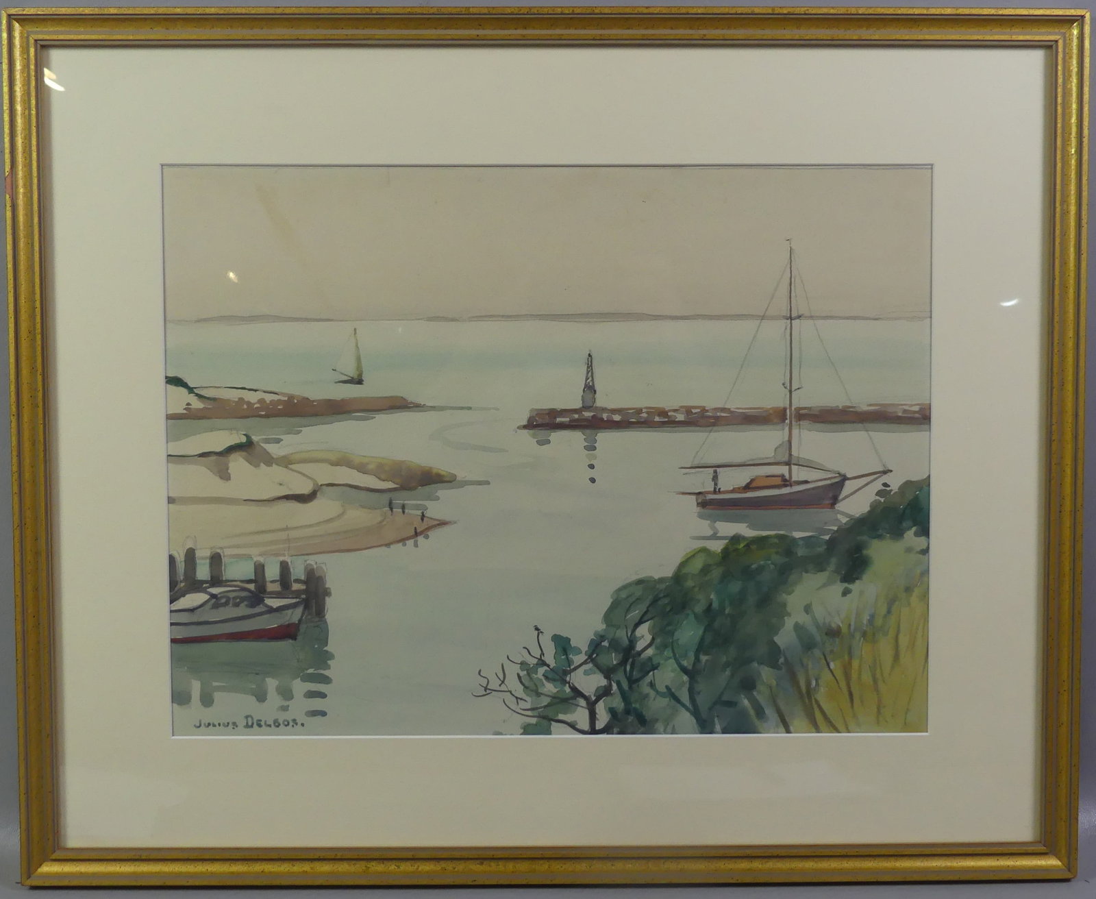 JULIUS DELBOS - VINEYARD HARBOR PAINTING: Watercolor painting of a Martha's Vineyard harbor scene with boats signed Julius Delbos. 13 x 17 in, framed 20 x 24 in. (Julius M. Delbos 1879-1970 NJ / Martha's Vineyard artist and Associate Member