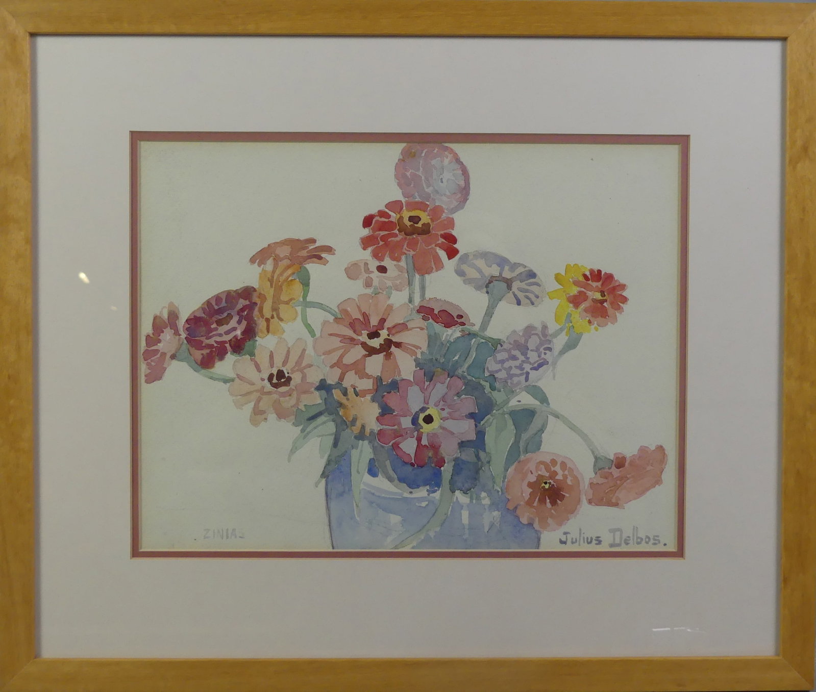 JULIUS DELBOS - FLORAL STILL LIFE PAINTING: Floral still life watercolor titled ZINIAS signed Julius Delbos. 9 x 11.75 in, framed 15.5 x 18.25 in. (Julius M. Delbos 1879-1970 NJ / Martha's Vineyard artist and Associate Member of the National