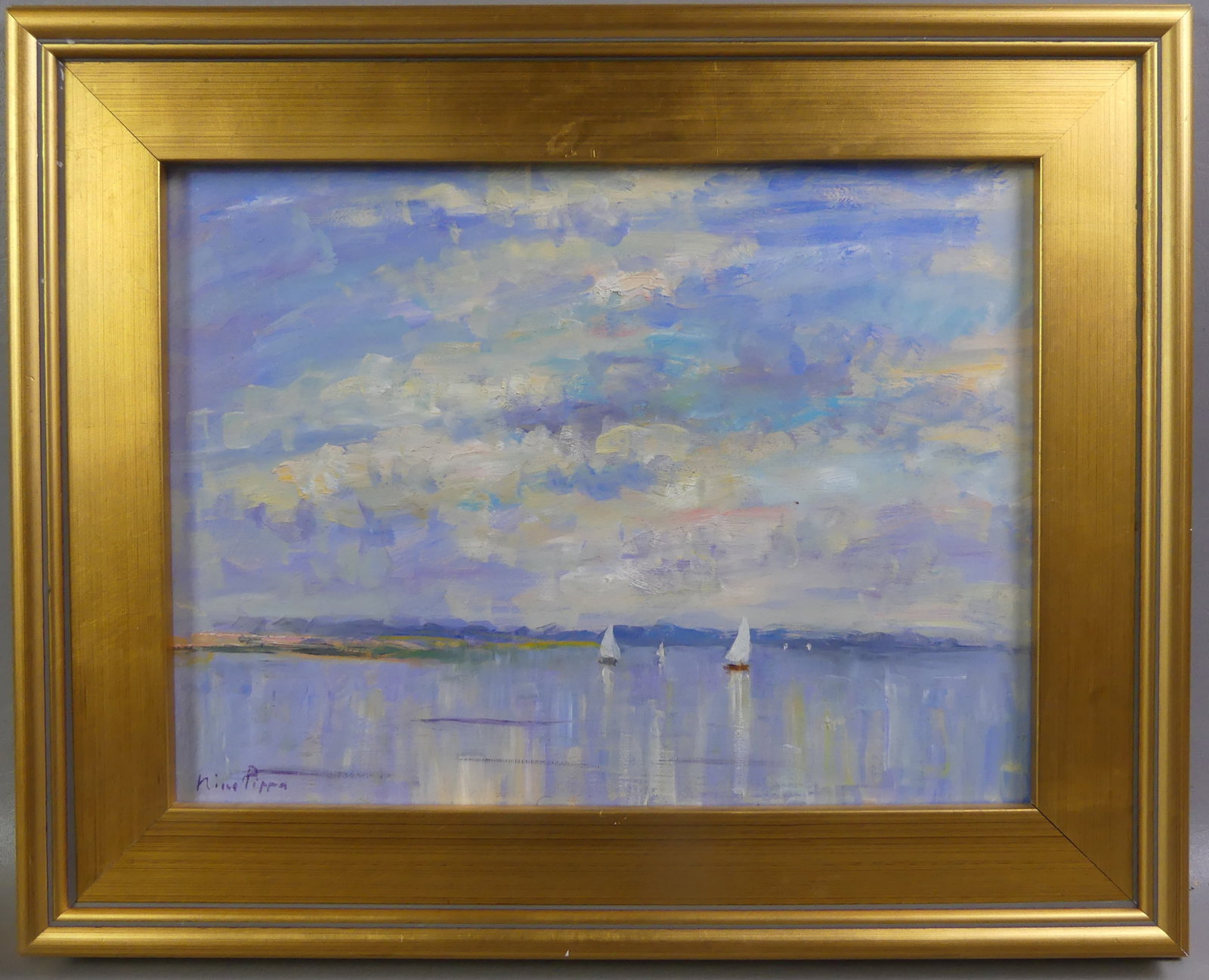 NINO PIPPA NAUTICAL PAINTING - CARMEL CA: Contemporary oil painting of a summer nautical scene titled verso--Sailboats off Carmel. Signed N. Pippa, 12 x 16 in, framed 17 x 21. (Nino Pippa is an Italian/American artist).