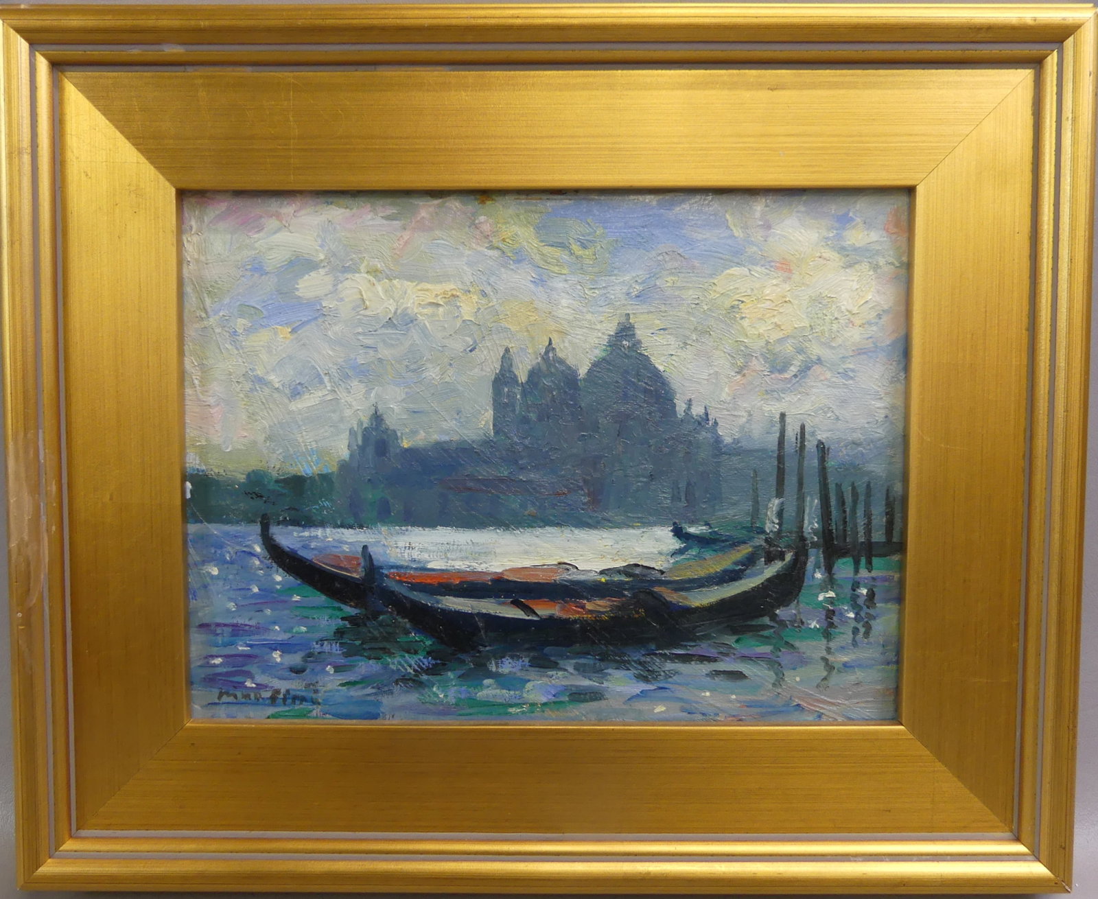 NINO PIPPA PAINTING - VENICE SCENE: Oil painting on masonite of an Italian scene with gondolas at mooring and basilica in distance, titled verso --S. Maria della Salute, Venice-- and signed N. Pippa. 9 x 12 in, framed 14 x 17 in. (Nino