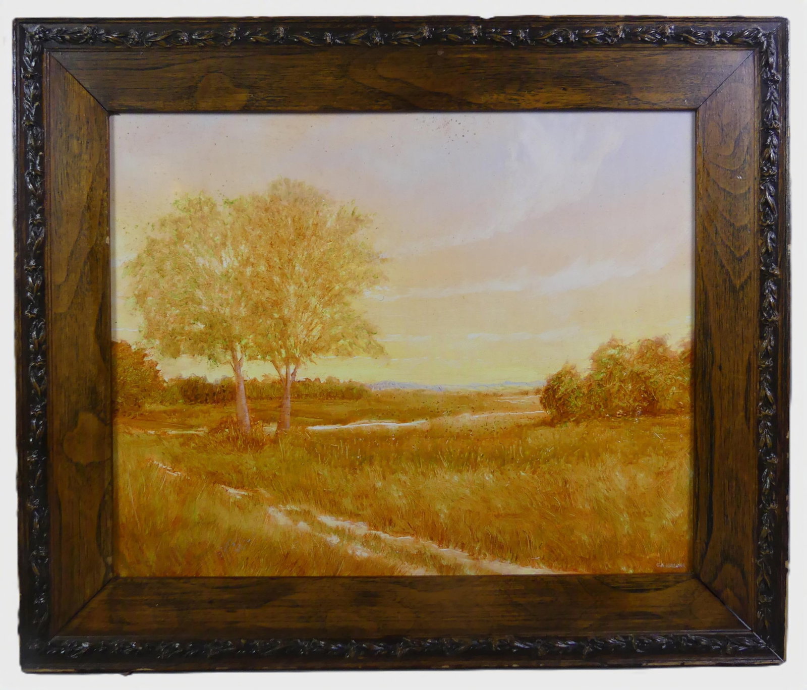 C.A. WALKER AUTUMN LANDSCAPE PAINTING: Oil painting on board of an autumn landscape signed C.A.Walker. 16 x 20 in, framed 22 x 26. (Caroline A. Walker is a contemporary NY/Nantucket artist).
