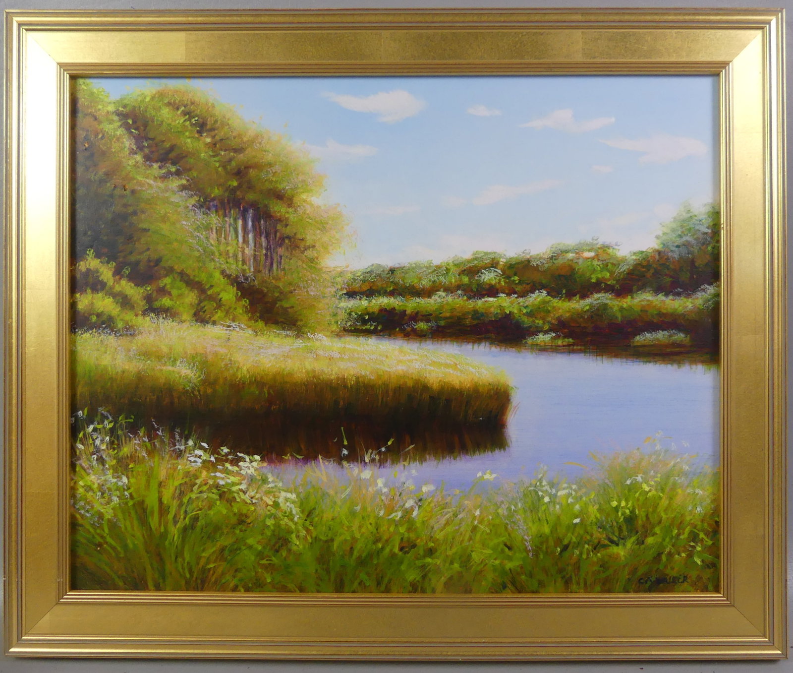 C.A. WALKER SUMMER LANDSCAPE PAINTING: Oil painting on board of a summer marshland signed C.A.Walker. 16 x 20 in, framed 20 x 24. (Caroline A. Walker is a contemporary NY/Nantucket artist).
