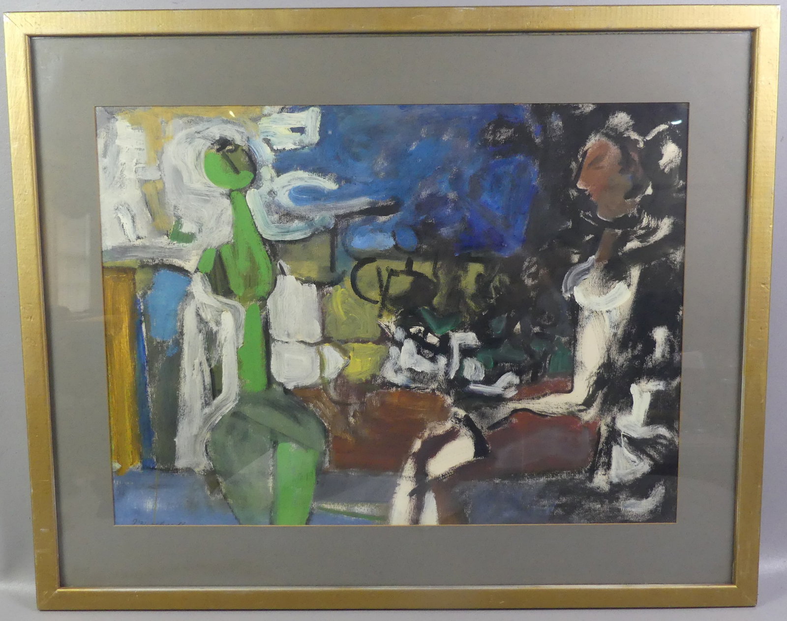 ABSTRACT PAINTING BY P. WIEGHARDT: 20th century abstract gouache painting under glass titled verso --Profile and Green Figure--signed on front P. Wieghardt. 18 x 24 in, framed 25.5 x 31.5 in. (Paul Wieghardt 1897-1969 abstract painter
