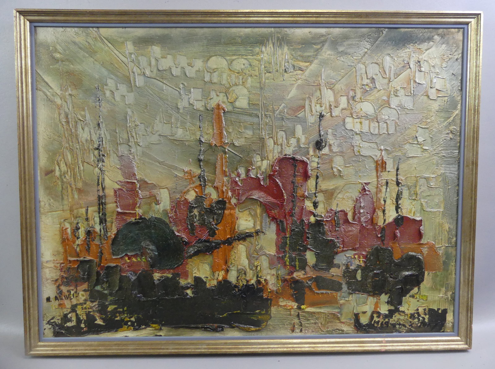 N. ARBEL - ABSTRACT CITY SCAPE PAINTING: Old abstract impasto oil painting on canvas of a cityscape signed N. ARBEL 1969. 23 x 30 in framed. (Nahum Arbel 1926-2010 was an Israeli artist working in No. Carolina).
