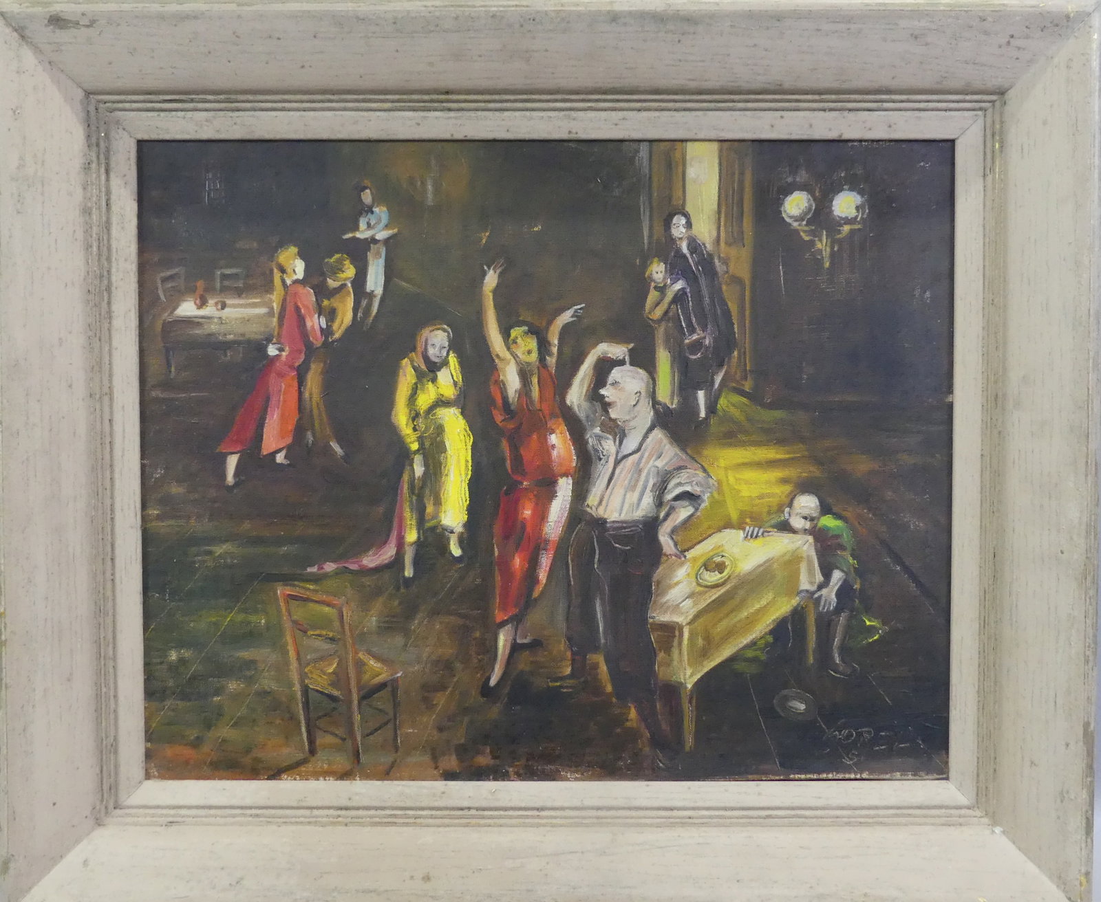 CHARLES SOREL - GENRE PAINTING: Old oil painting on canvas of an interior scene with various party goers signed Sorel 1951. 16 x 20 in, framed 21 x 25 in. (Sorel was a 20th century Italian/American artist)