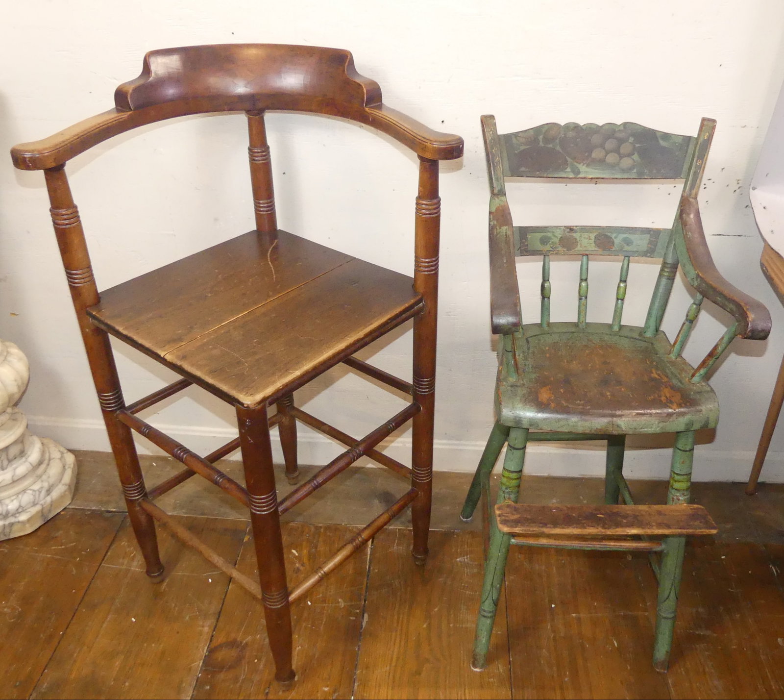 2 ANTIQUE COUNTRY CHAIRS: Lot two 19th century country chairs: Tall corner chair, 39 in; and painted child's high chair, 36 in high.