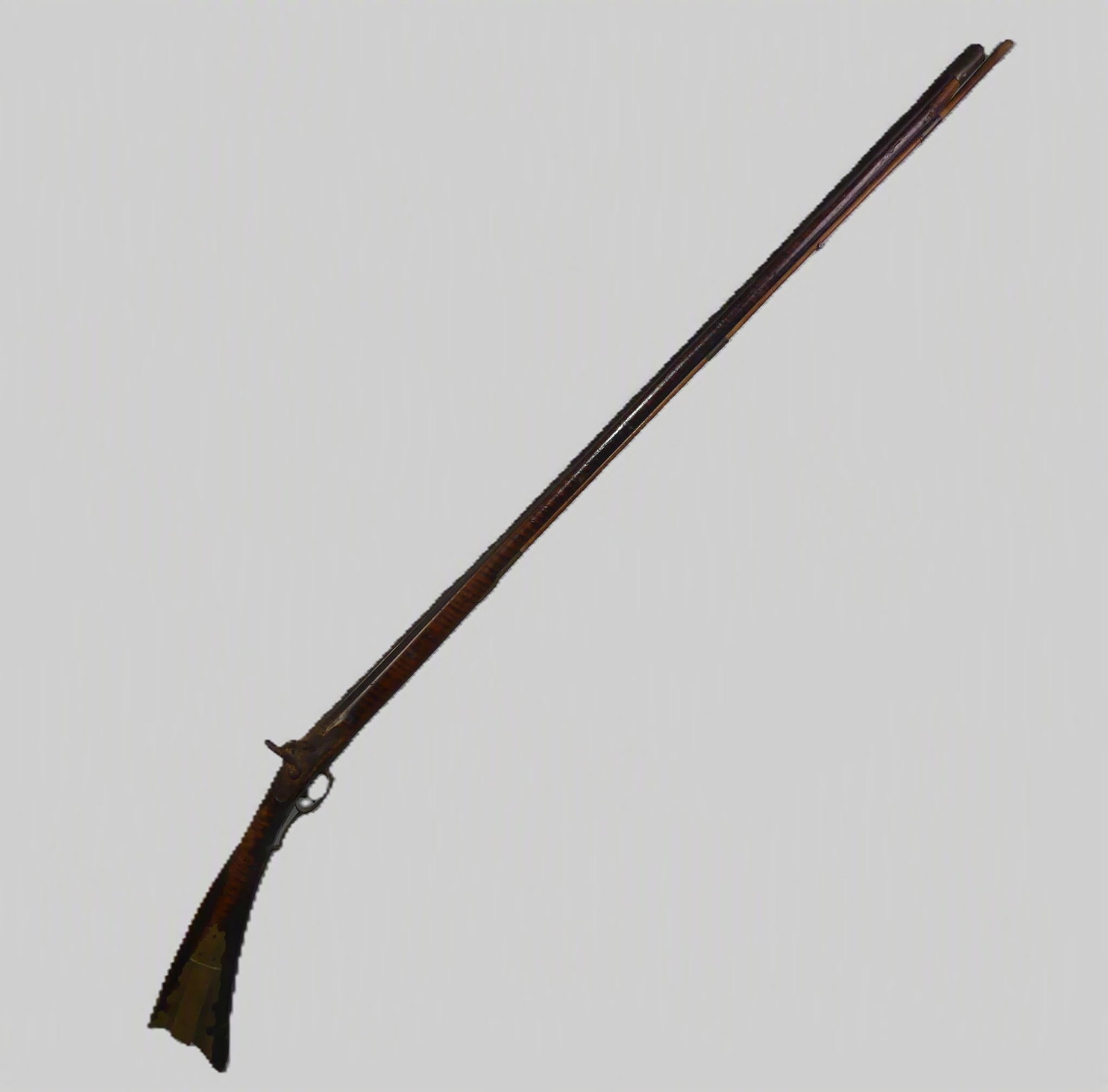 ANTIQUE KENTUCKY RIFLE - GOULCHER: 19th century tiger maple Kentucky percussion rifle with brass and silver mounts and patchbox, octagonal to smooth 44.5 in barrel, about 50 cal. Smooth bore with side lock having maker name of