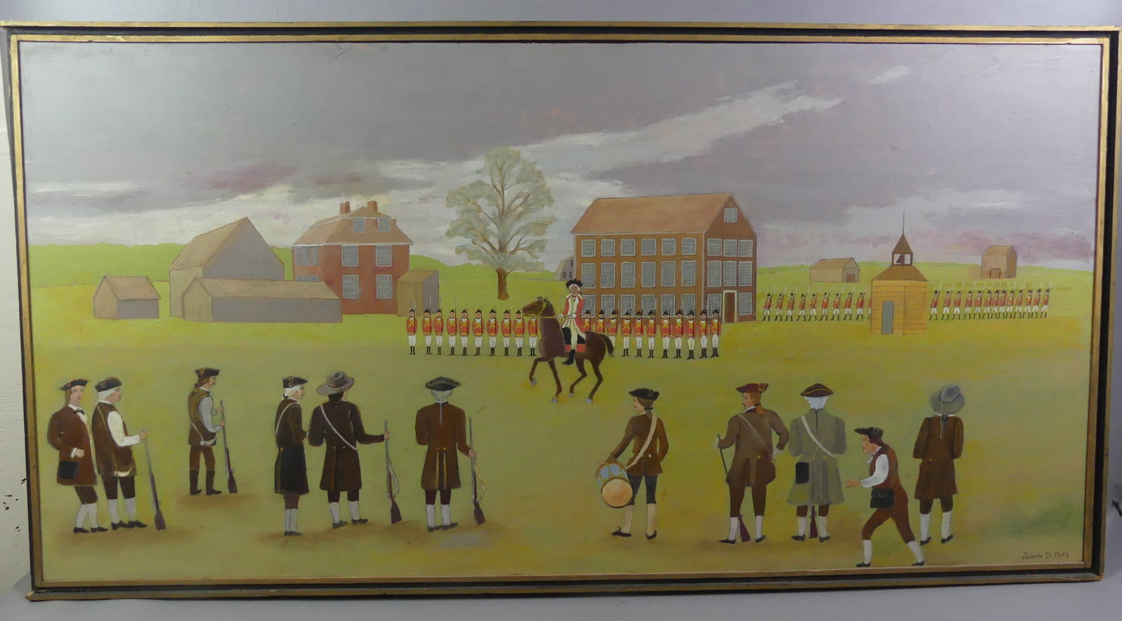 REVOLUTIONARY WAR PAINTING - J.D. PATE: Vintage oil painting on wood panel depicting a Revolutionary War scene with British Redcoats on display as colonial figures look on. Signed Joseph Pate. 23.5 x 49.5 inches overall.
