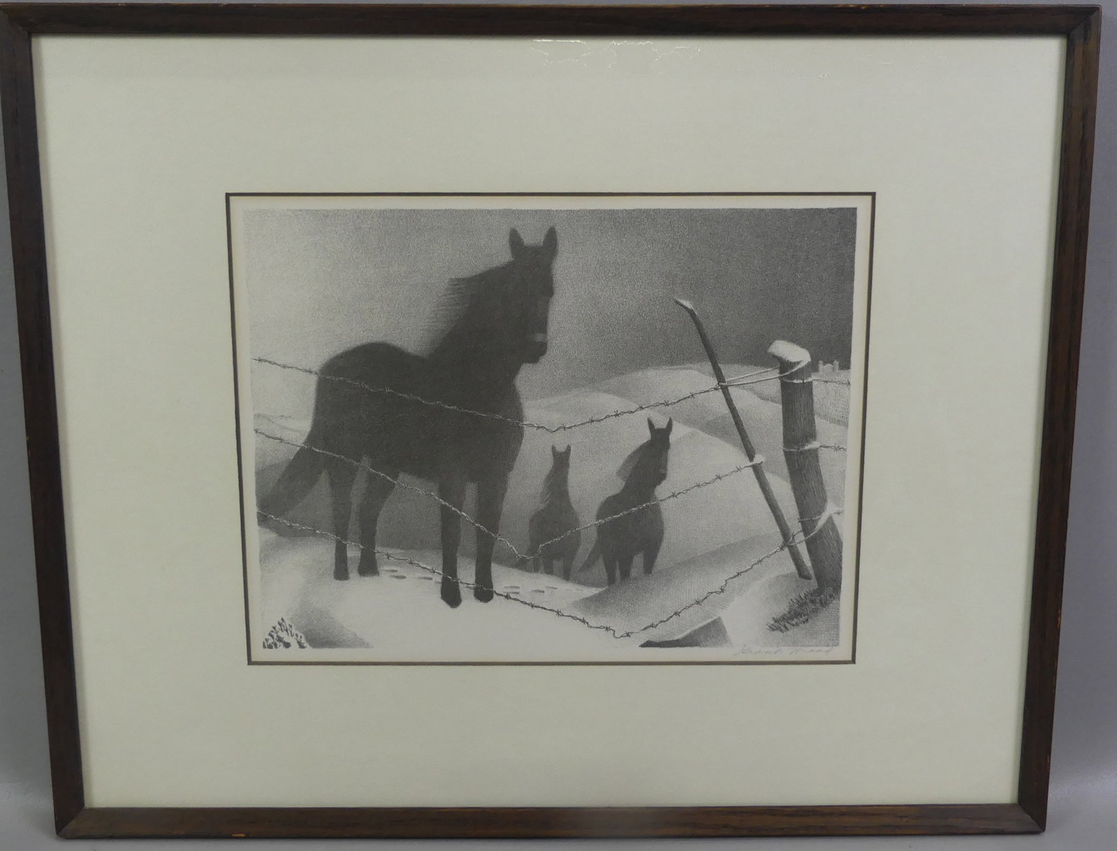 GRANT WOOD LITHOGRAPH OF HORSES: Limited edition (from 250 produced) hand signed Grant Wood lithograph of horses in snow titled FEBRUARY. Has American Associated Artists label circa 1940's. Sight size 9.5 x 12.5 in, framed 16.5 x