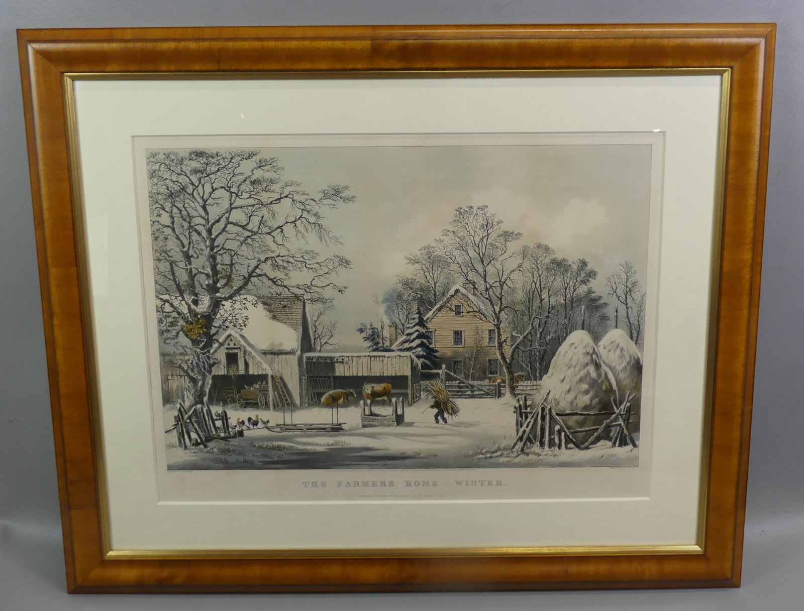 RARE CURRIER & IVES PRINT - FARMER'S HOME WINTER: Rare original, large folio color lithograph dated 1863 by Currier and Ives (Conningham 1892) after a painting by George Durrie titled --The Farmer's Home - Winter. Sight size 18 x 24.5 in, framed 28