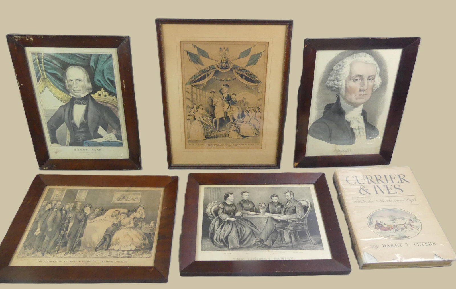 5 ANTIQUE CURRIER & IVES PRINTS: Lot 5 antique Currier and Ives prints of politicians and hardcover book on Currier's works by Harry Peters. Includes N. Currier - Washington Reception by the Ladies on Passing Bridge of Trenton NJ 178