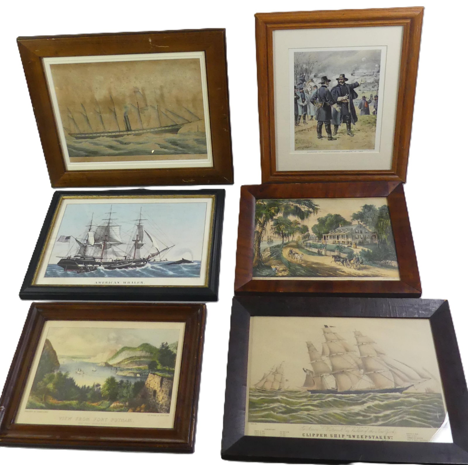 6 ANTIQUE CURRIER & IVES PRINTS: Lot 6 assorted antique mostly Currier and Ives prints: 1853 N. Currier Clipper Ship Sweepstakes, 12 x 17 in overall; C&I 1871 Southern Plantation with carriage and steamboat; C&I View From Ft. Putnam 