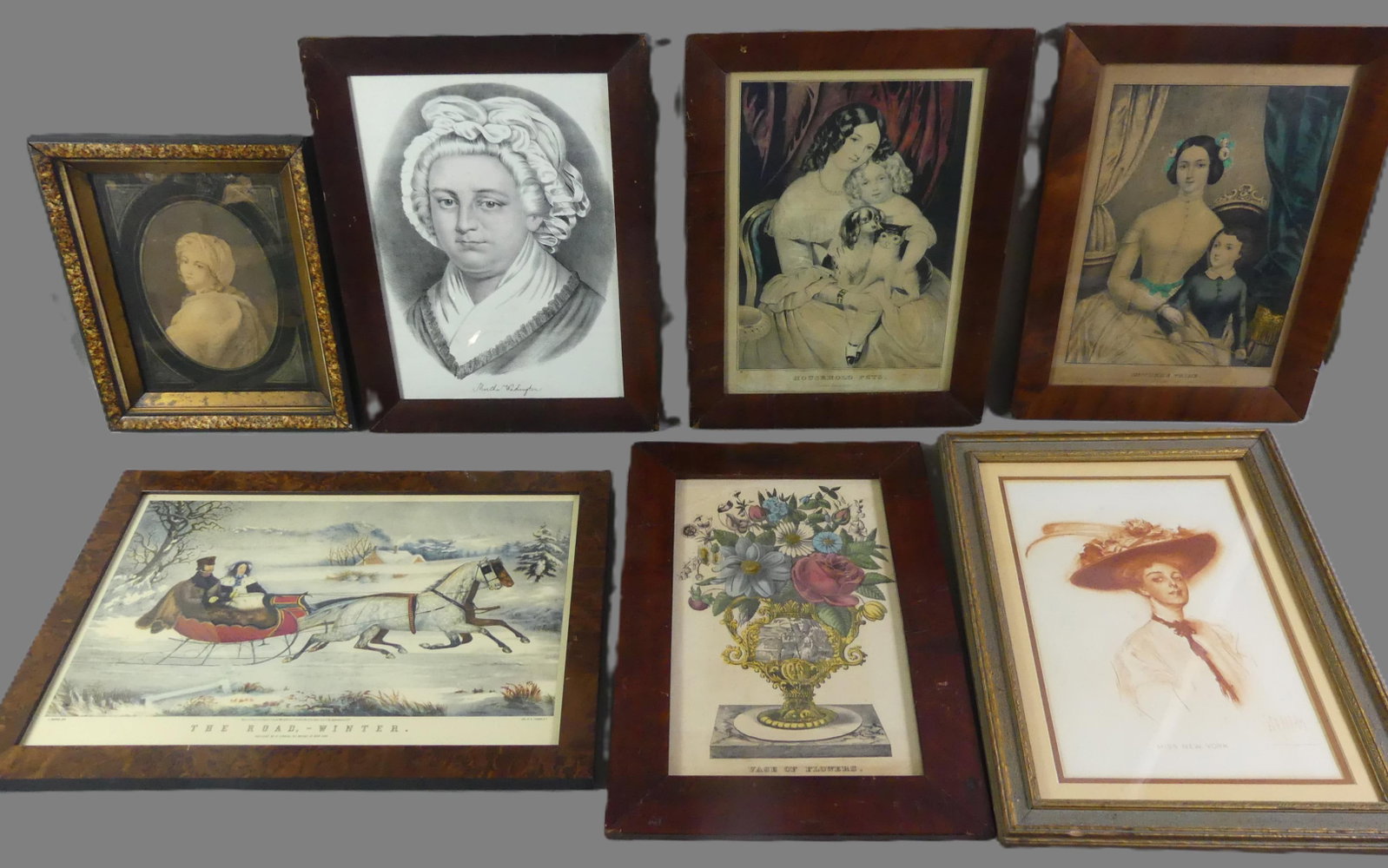 LOT 7 MOSTLY CURRIER PRINTS: Lot of 7 assorted antique prints to 13.5 x 20 inches, mostly by Currier including: Vase of Flowers (unsigned); Martha Washington (unsigned); Household Pets by N. Currier 1845; Oval portrait