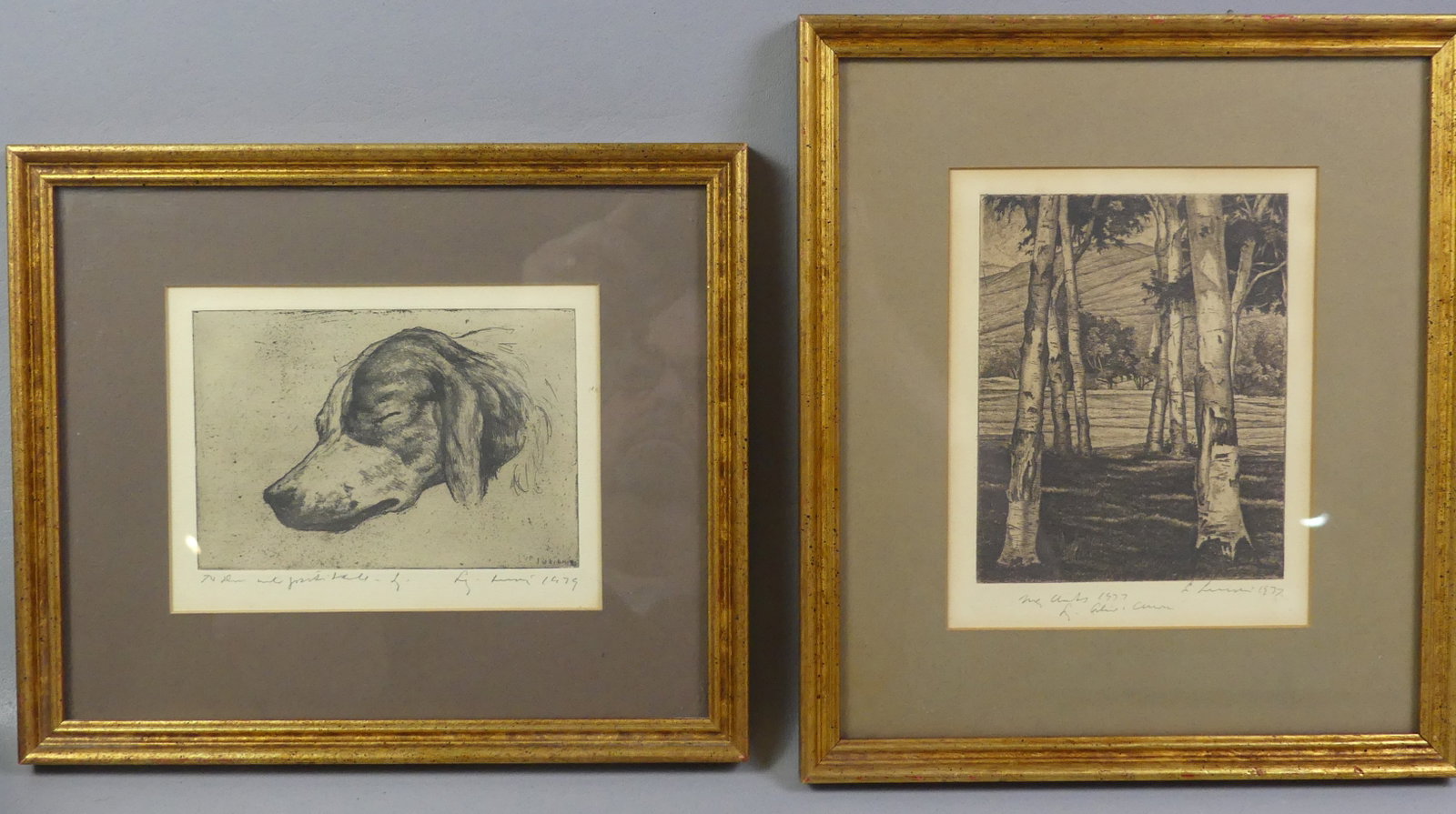 2 LUIGI LUCIONI ETCHINGS: Lot 2 small framed etchings by Luigi Lucioni: Setter head sleeping dated 1979, 4.75 x 6 in, framed 9 x 10.5 in; and birch trees dated 1977, 6.5 x 5.25 in, framed 11 x 9.5 in. NOTE: Luigi Lucioni 1900-